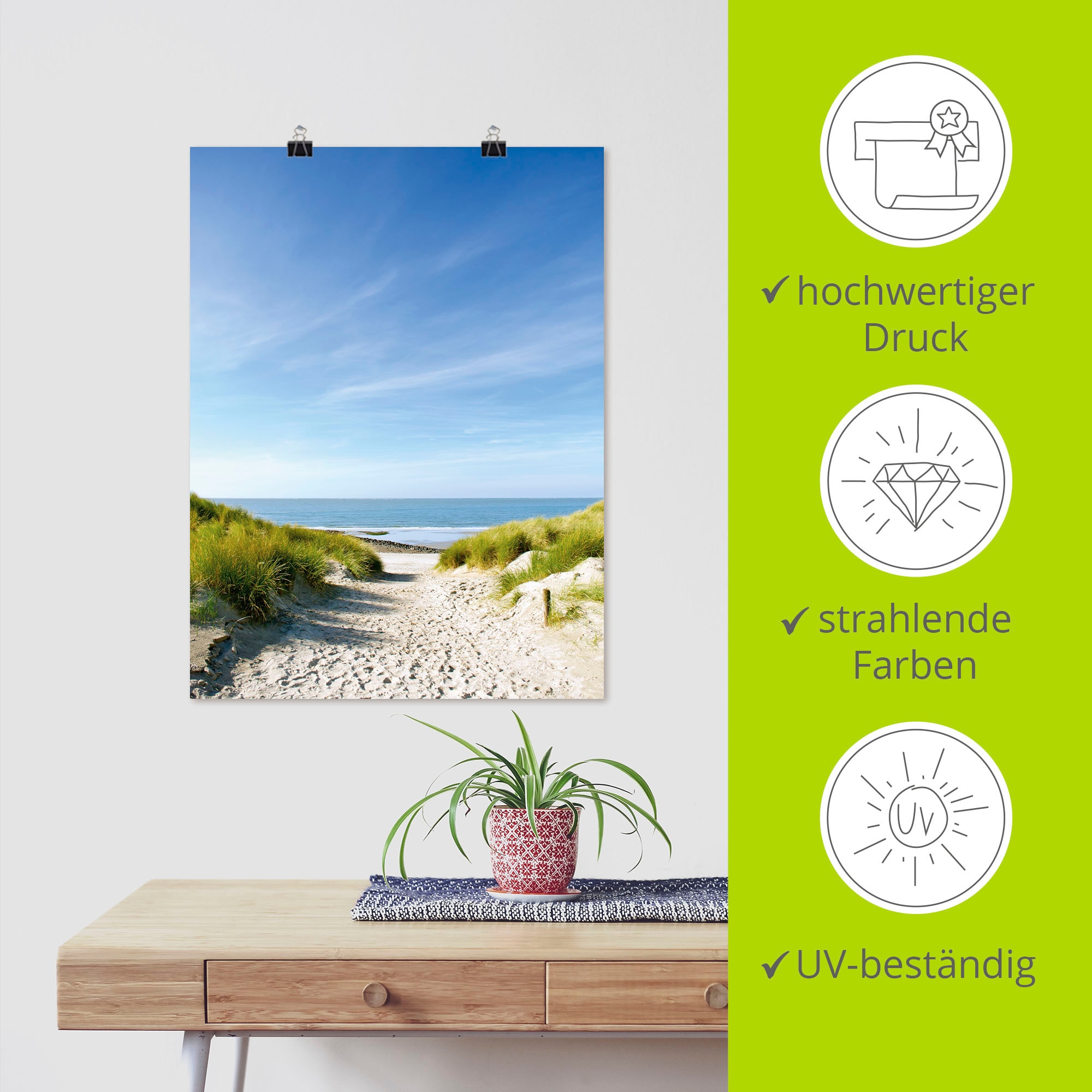 Artland Poster »Strand mit Sanddünen und Weg zur See« Strand 1 Stk. tlg. als Alubild, Outdoorbild, Leinwandbild, Poster, Wandaufkleber