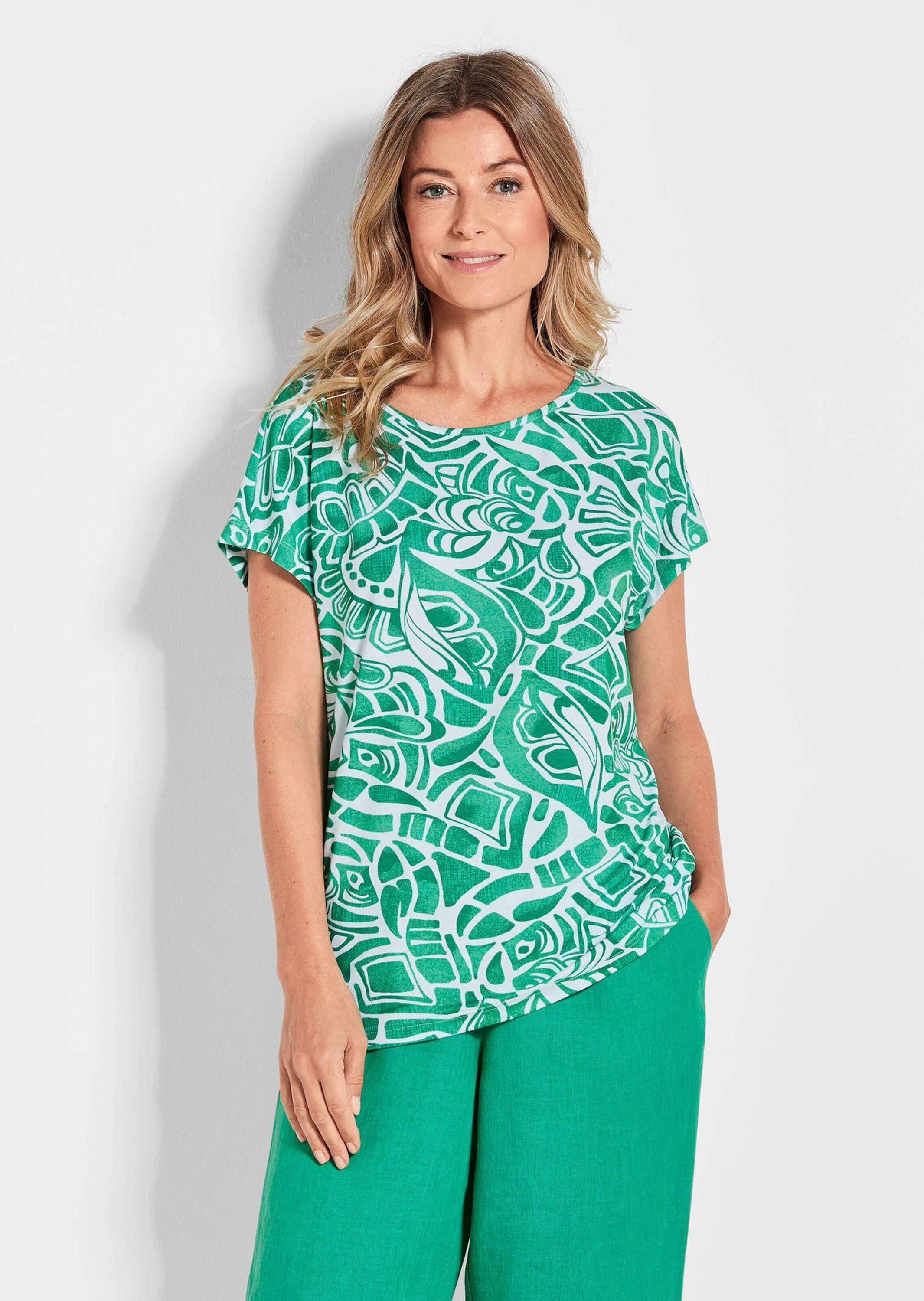 GOLDNER Print-Shirt »Kurzgröße Damen Oberteil Ethnoprint Kurzarm«