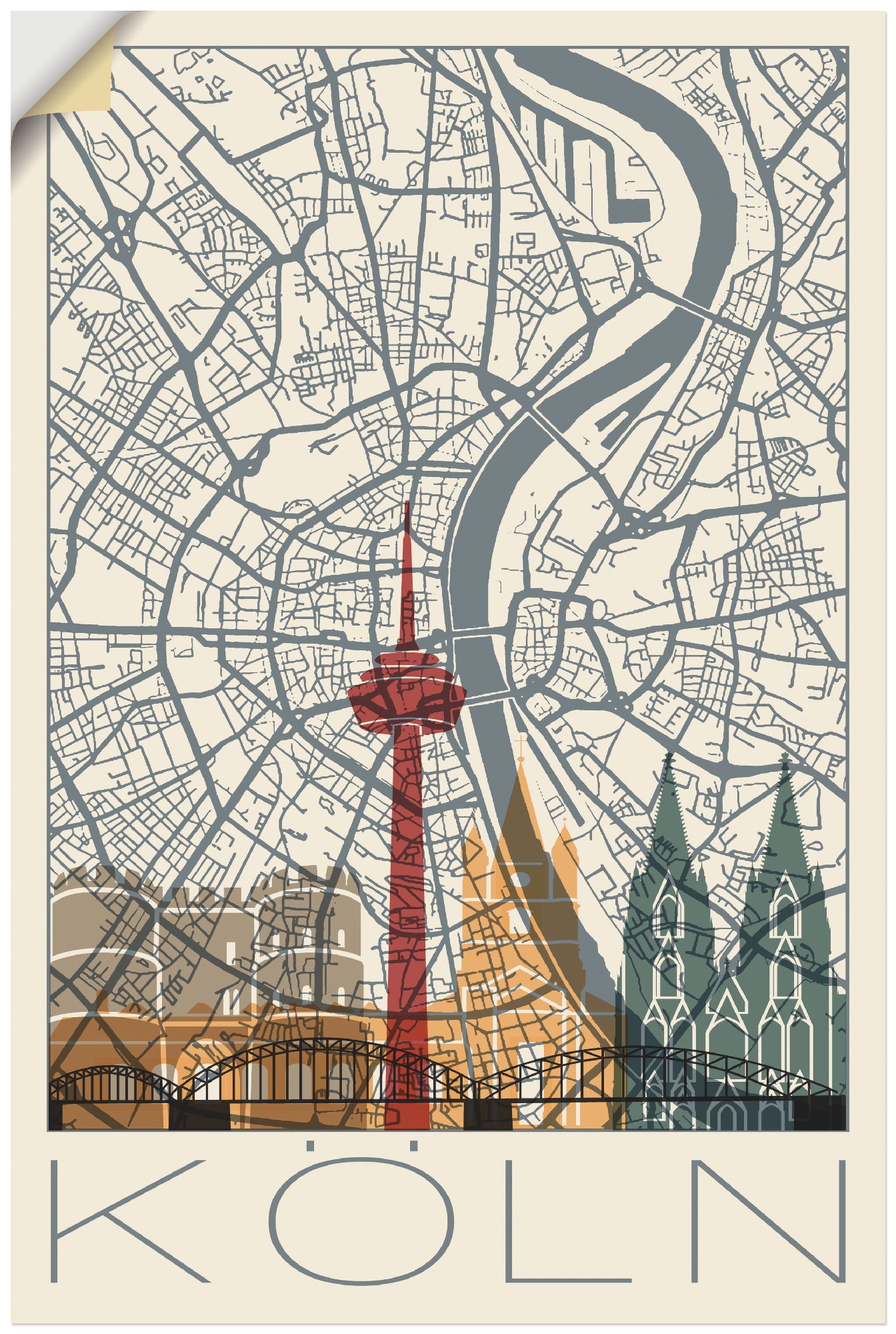 Artland Wandbild »Retro Karte Köln Deutschland und Skyline«, Deutschland, (1 St.), in vielen Größen & Produktarten - Alubild / Outdoorbild für den Außenbereich, Leinwandbild, Poster, Wandaufkleber / Wandtattoo auch für Badezimmer geeignet