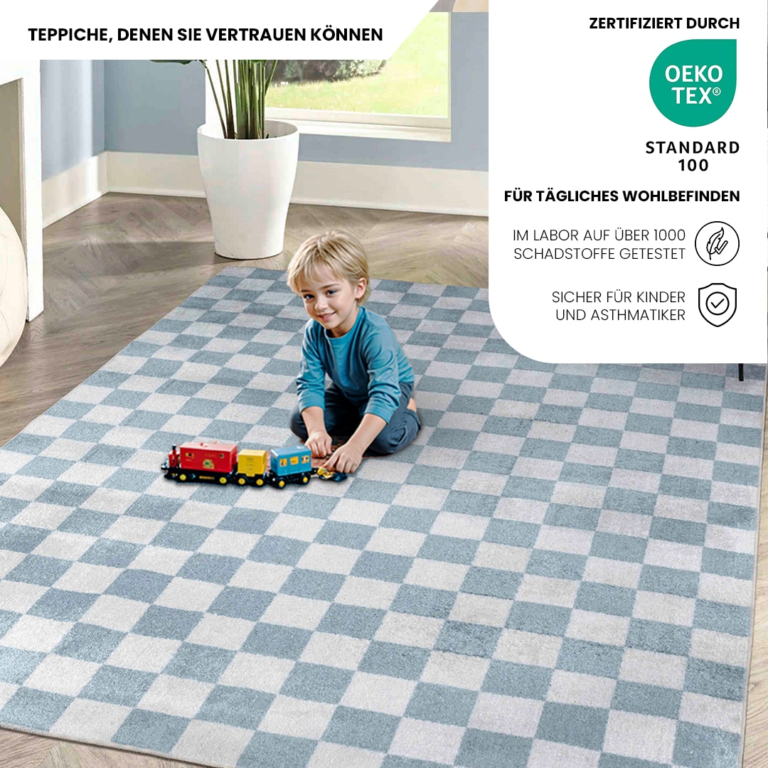 Livabliss Teppich »CLEVELAND« rechteckig 6 mm Höhe Maschinenwaschbarer Teppich mit Karomuster, Kurzflor Wohnzimmerteppich