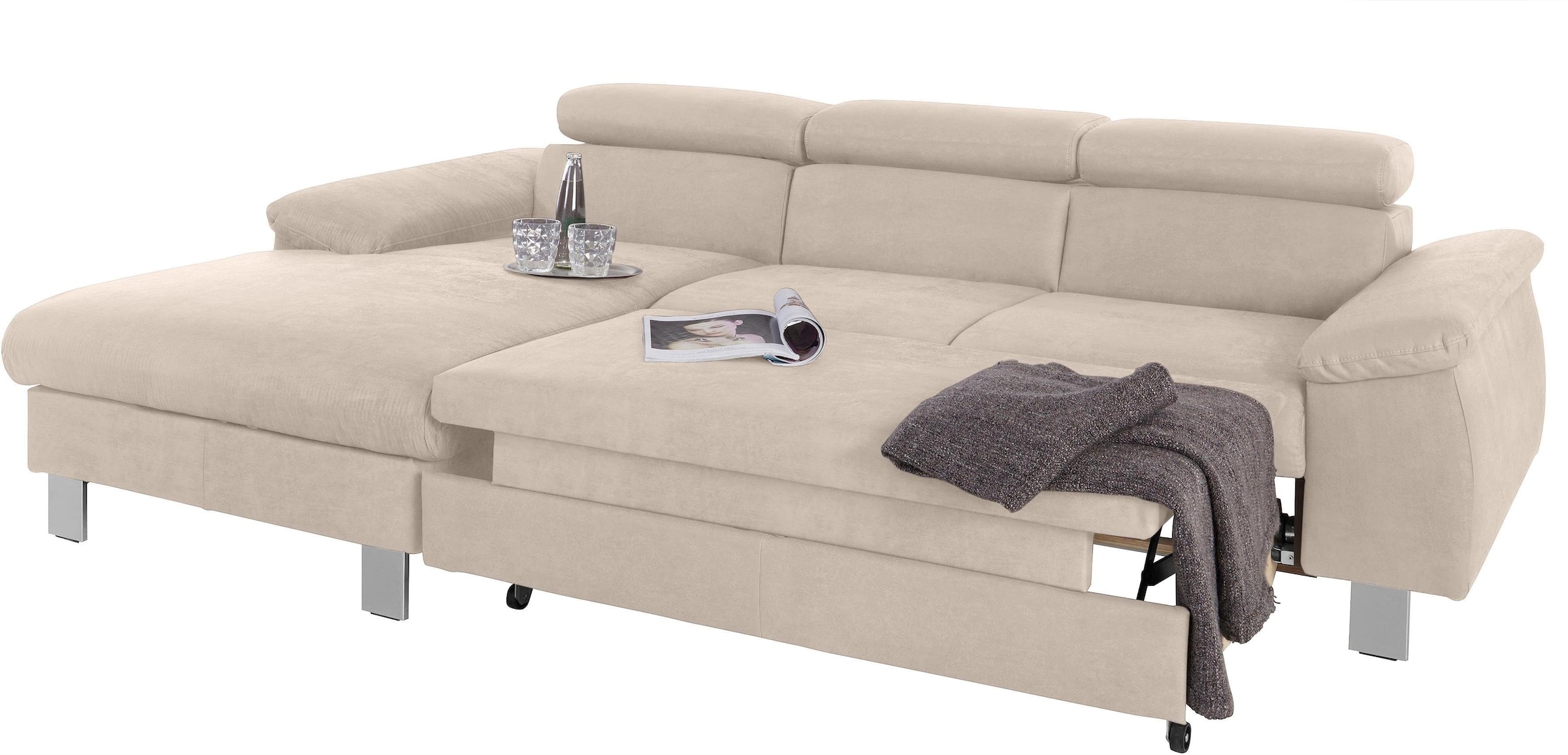 COTTA Ecksofa Komaris, Ecksofa, wahlweise mit RGB-LED-Beleuchtung und Bettfunktion/Bettkasten