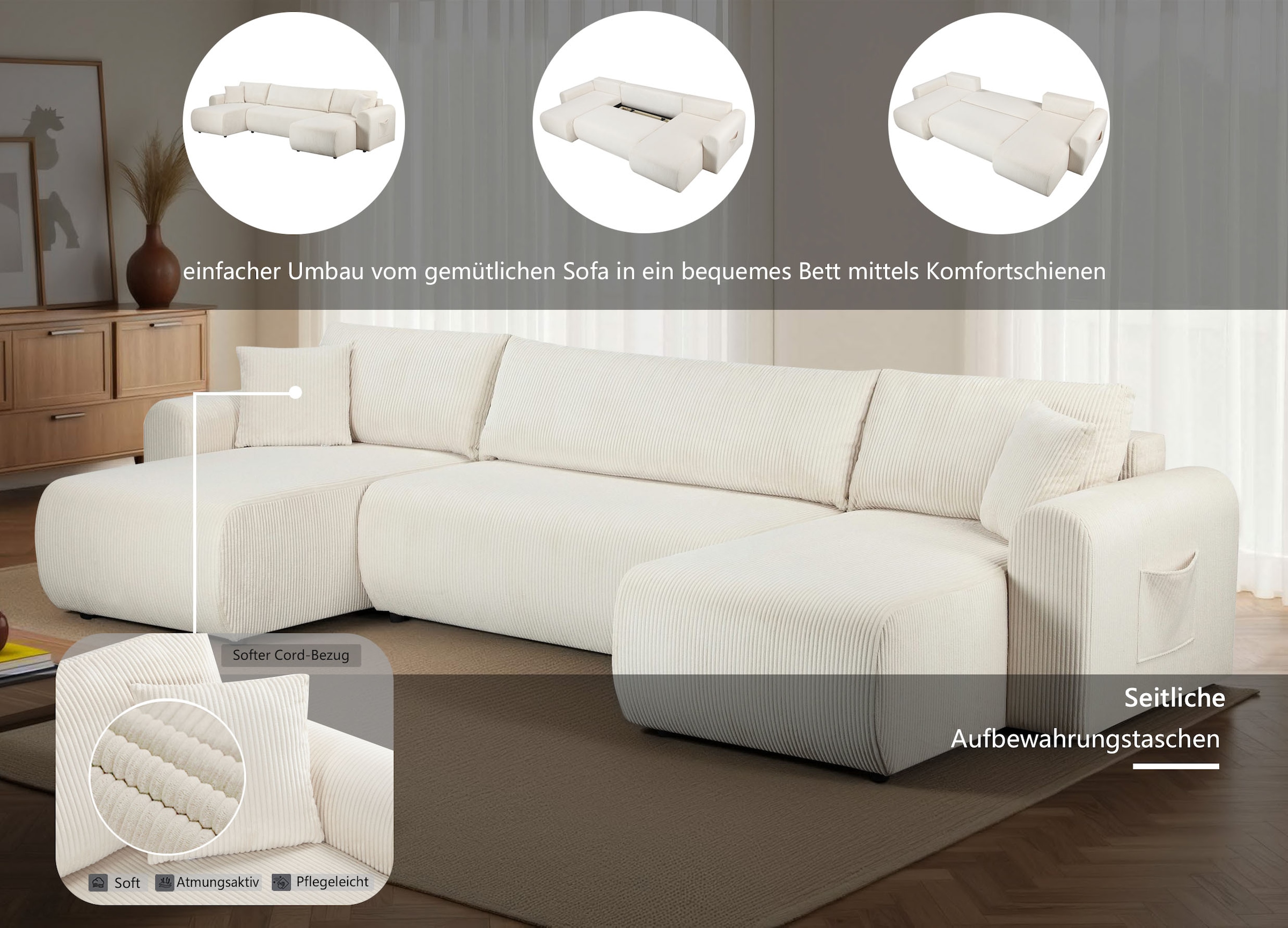 OTTO home Wohnlandschaft »JONAA, 311 cm, U-Form, Schlafsofa, Boxspringfederung, Cord u. Struktur« 133/270cm, Bettkasten, Seitentaschen, Cord und Struktur