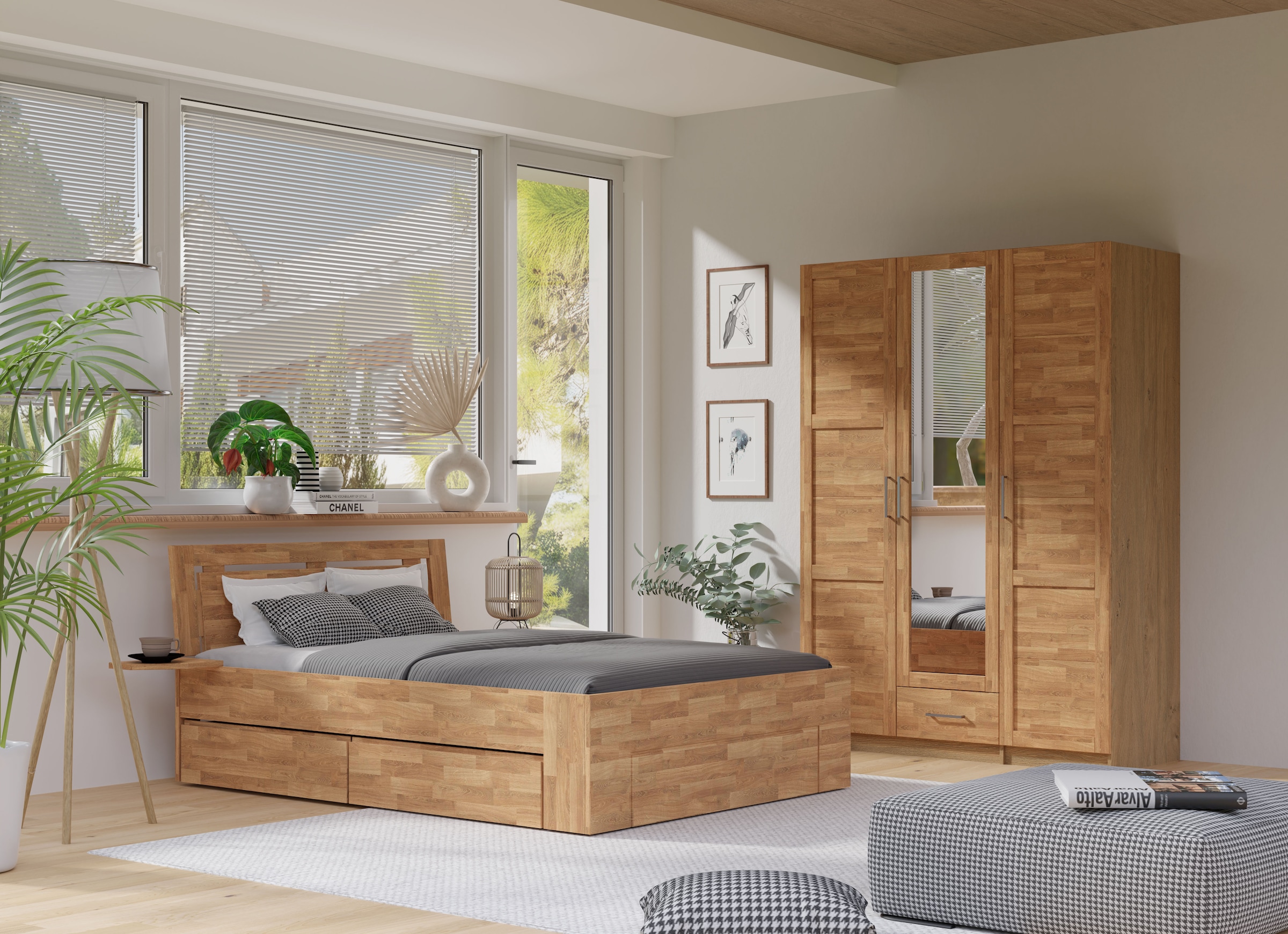 Home affaire Kleiderschrank »Sabrina, natürlicher Landhausstil, mit Innenausstattung«, Spiegel und Schubladen, teilmassiv,Buche oder Eiche, FSC-zertifiziert
