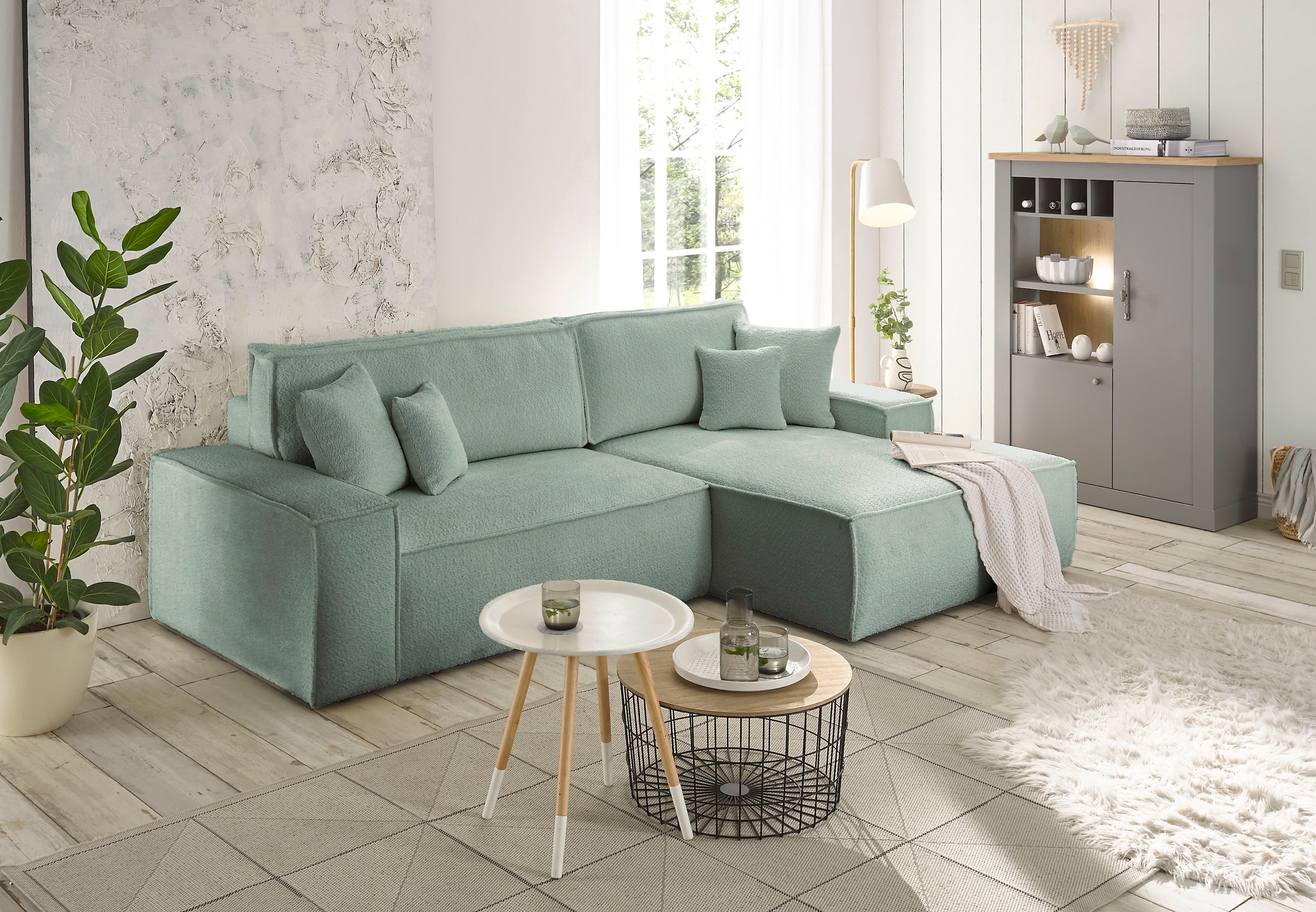 andas Ecksofa »Finnley Schlafsofa 267 cm in Bouclé u. Struktur fein, L-Form,«, Schlaffunktion m. Bettkasten (136/210 cm), Bouclé, Struktur