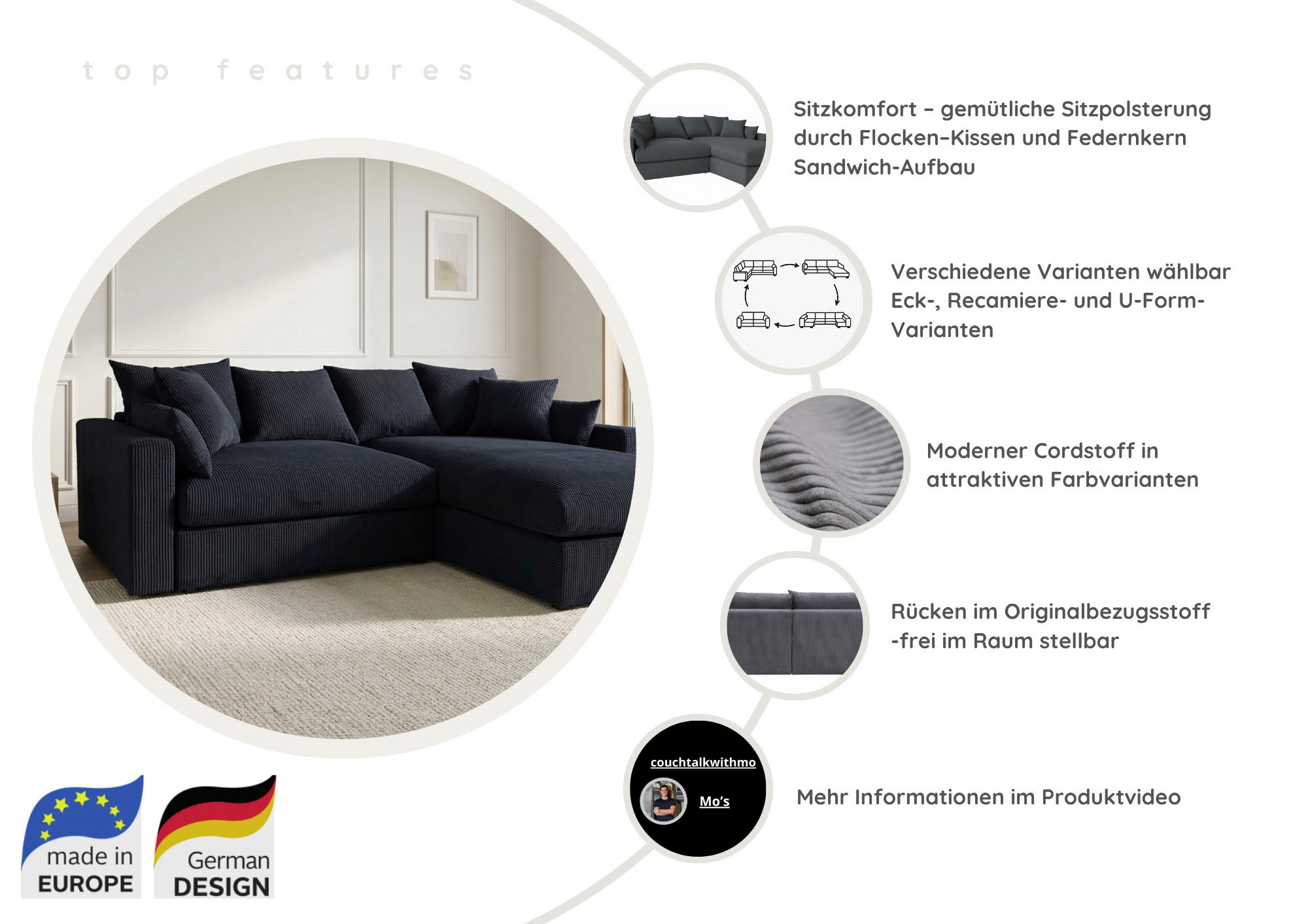 OTTO home Ecksofa »Cosy Lounge L-Form, Breite 333 cm« Mega-Sofa mit Cordstoff bezogen, mit Federkern & 4 Zierkissen
