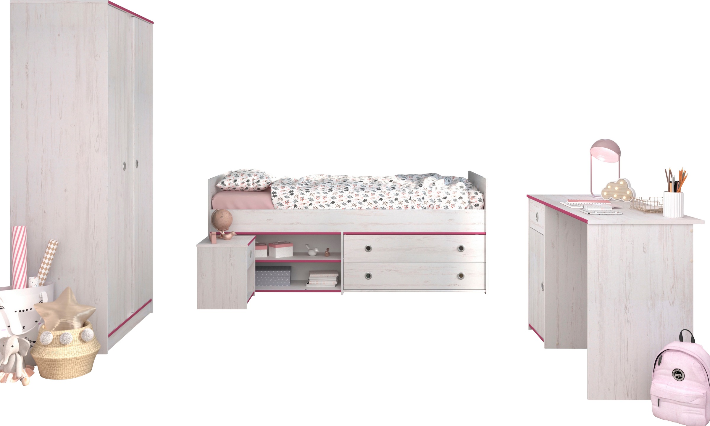 Parisot Jugendzimmer-Set »Smoozy«, Kleiderschrank St., kaufen Schreibtisch) (4 und Stauraumbett,Nachttisch, online