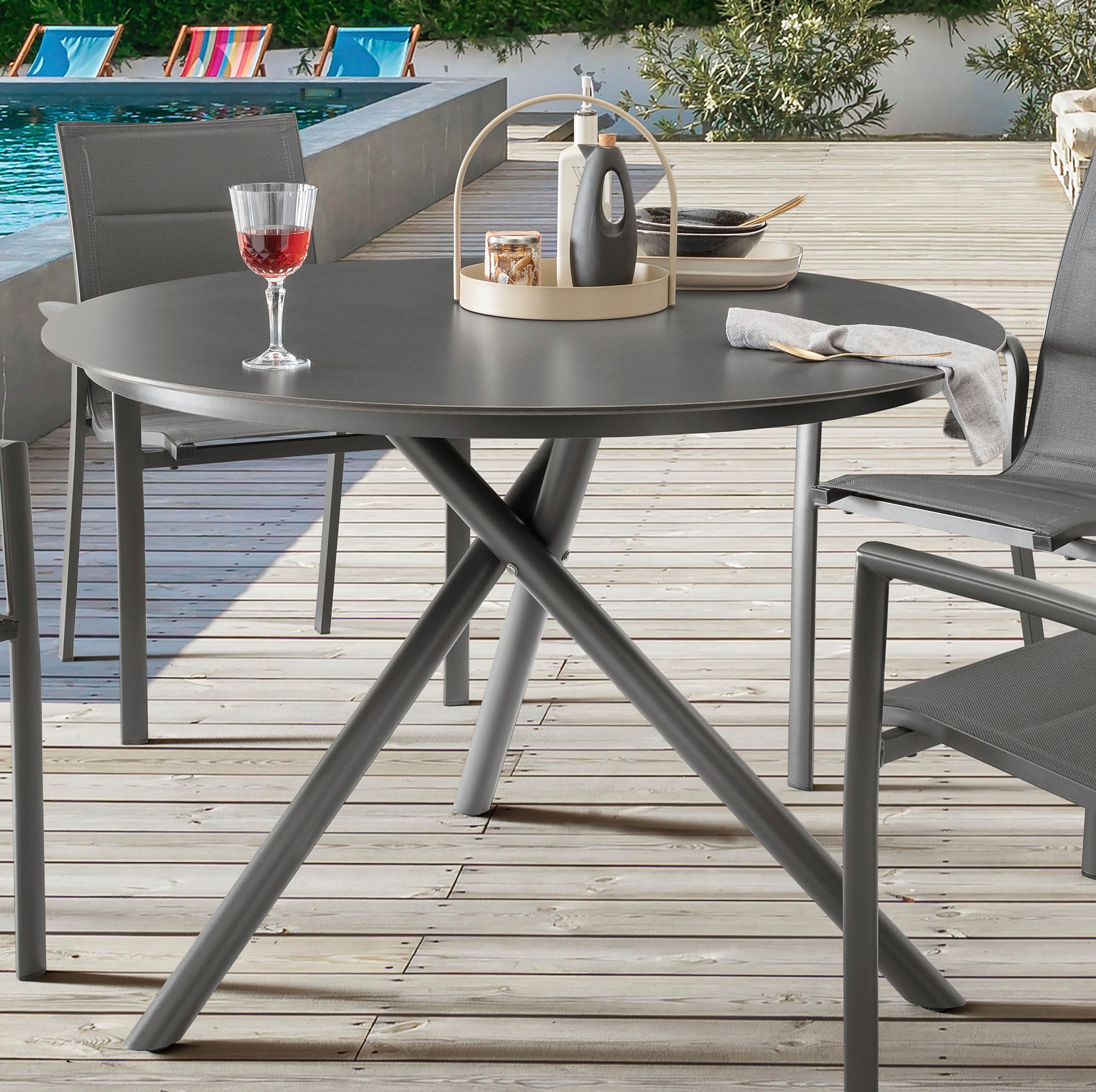 Destiny Garten-Essgruppe »COSTA BARLETTA« 5 Stk. tlg. 4 Stapelsessel Textilene, 1 Tisch Ø 110x77 cm