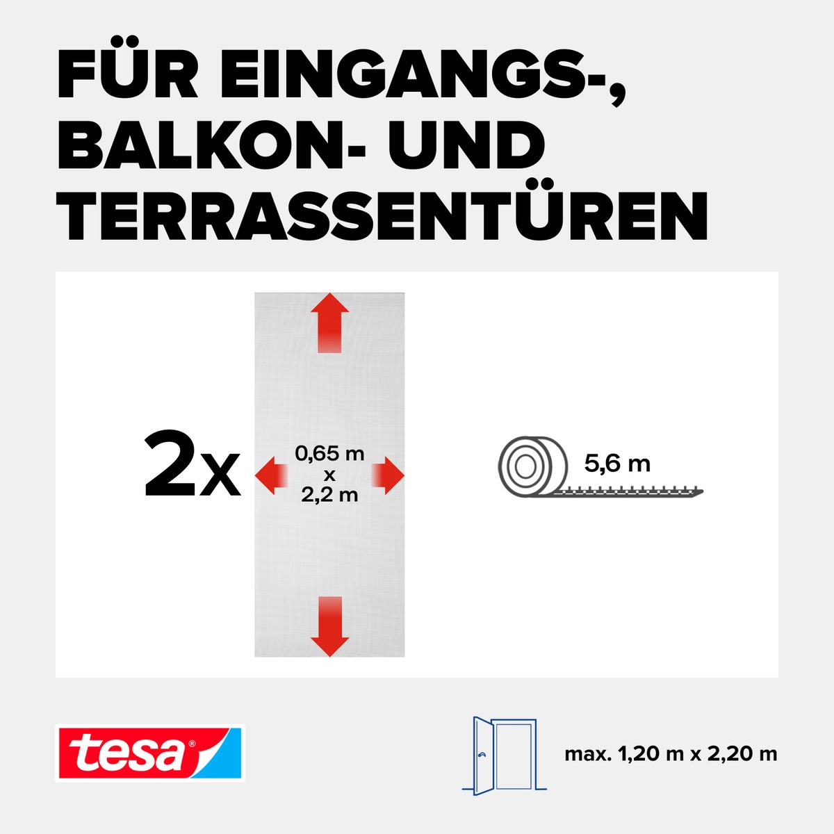 tesa Insektenschutz-Tür »Insect Stop Standard Fliegengitter für Türen - 2x 0.65 m : 2.2 m«, Insektenschutzgitter -Fliegenetz ohne Bohren-zuschneidbar