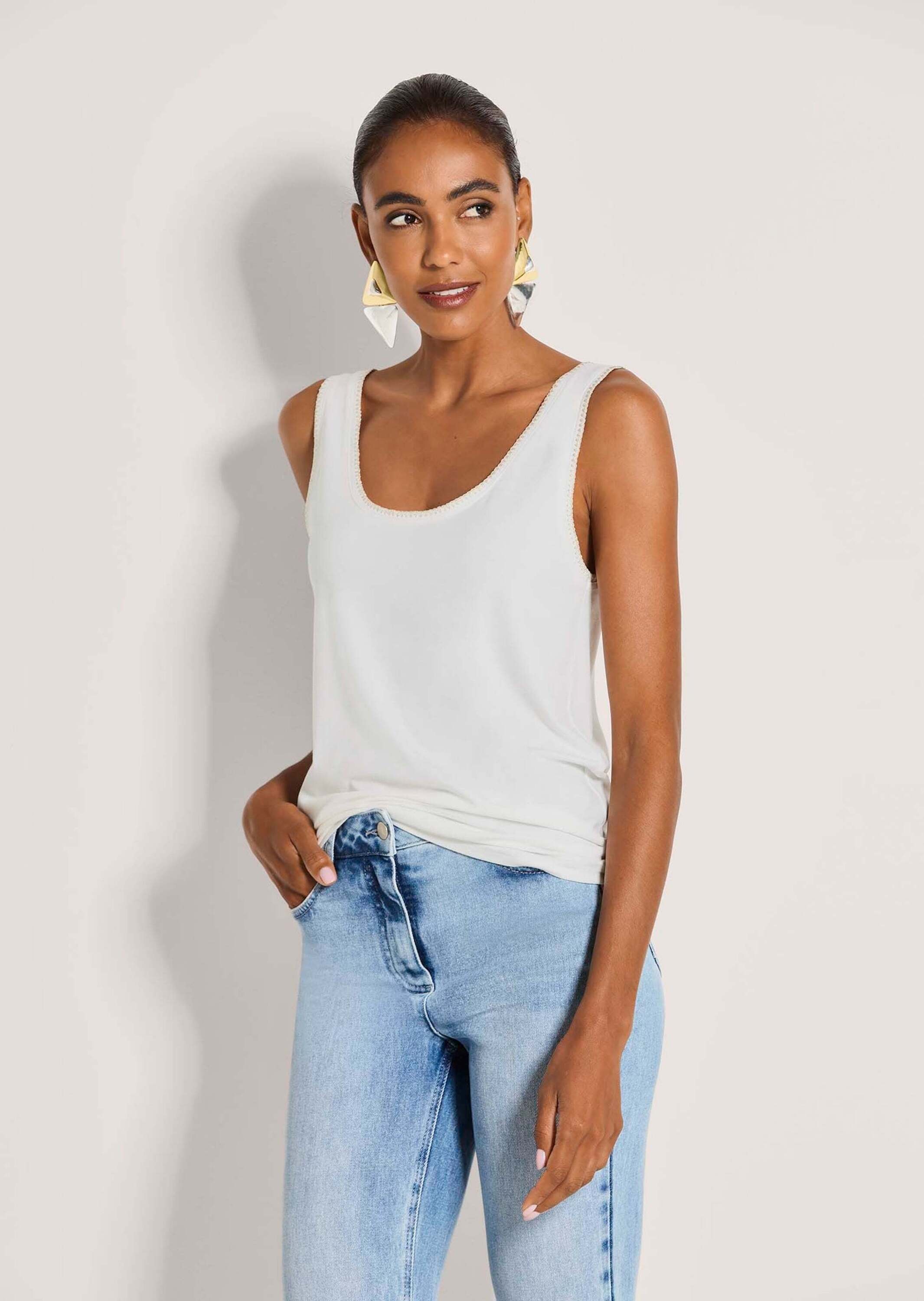 MADELEINE Trägertop »Glanztop Elegantes Jerseytop mit Glanzakzenten« Paspelierung