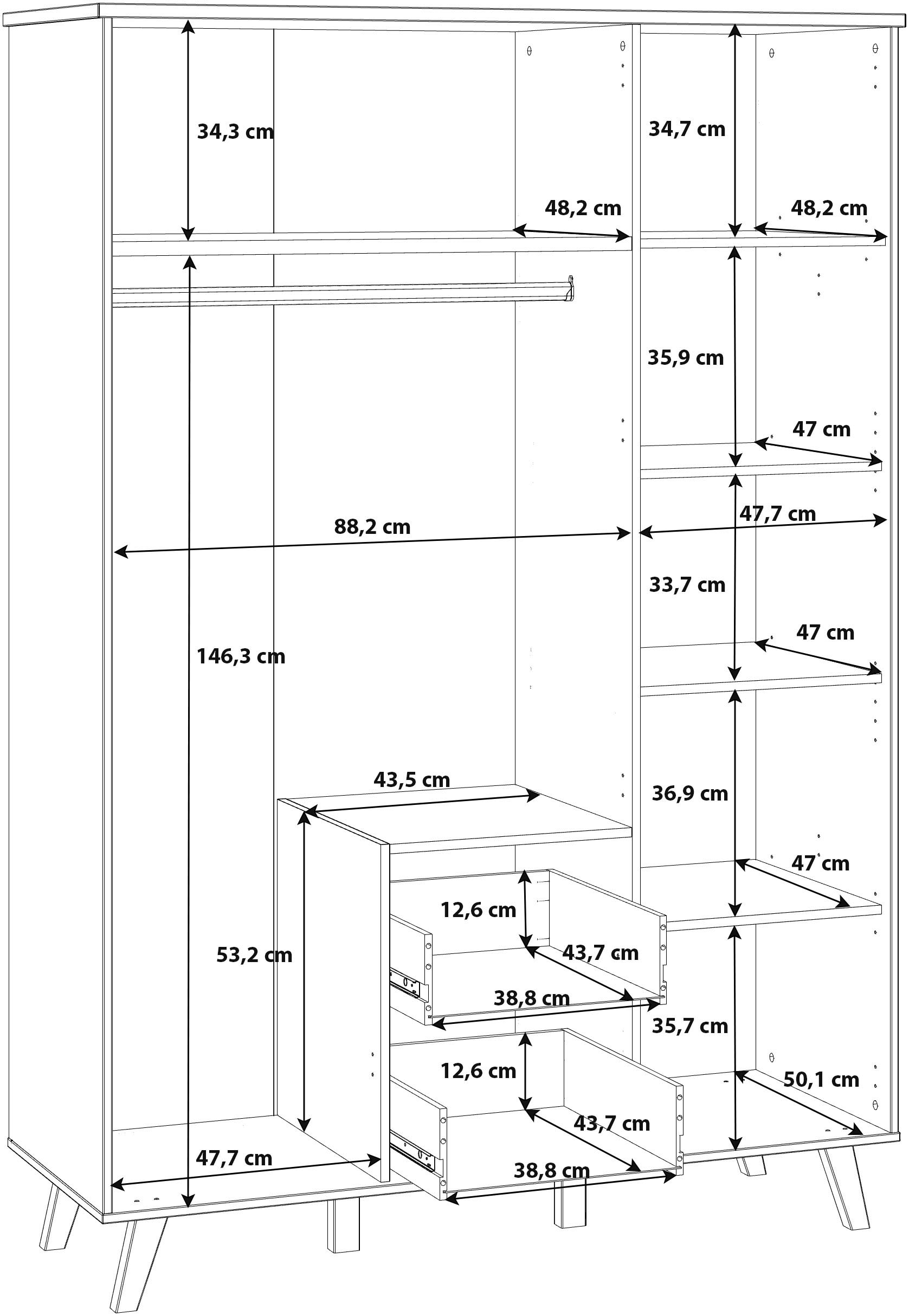 FORTE Drehtürenschrank »Vankka, OTTOs Choice, Kleiderschrank, viel Stauraum,«, (B/H/T ca.140x200x52cm), Made in Europe,mit Einlegeböden+Kleiderstange+Schubladen,grifflos