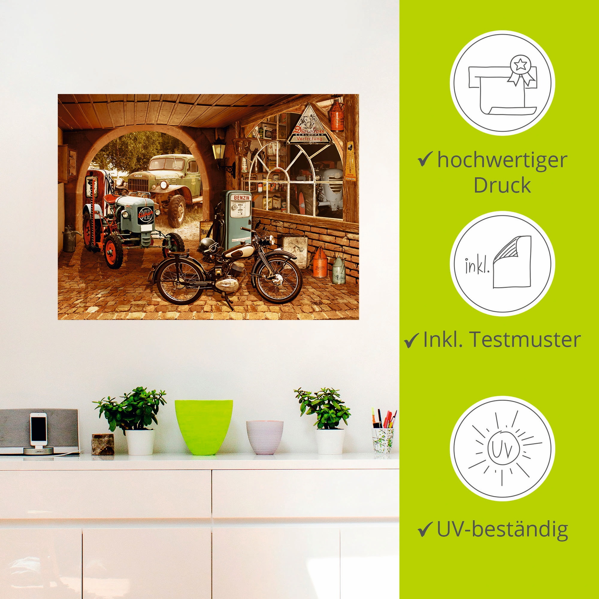 Artland Wandbild »Werkstatt mit Traktor und Motorrad«, Traktoren, (1 St.), als Alubild, Outdoorbild, Leinwandbild, Wandaufkleber, versch. Größen