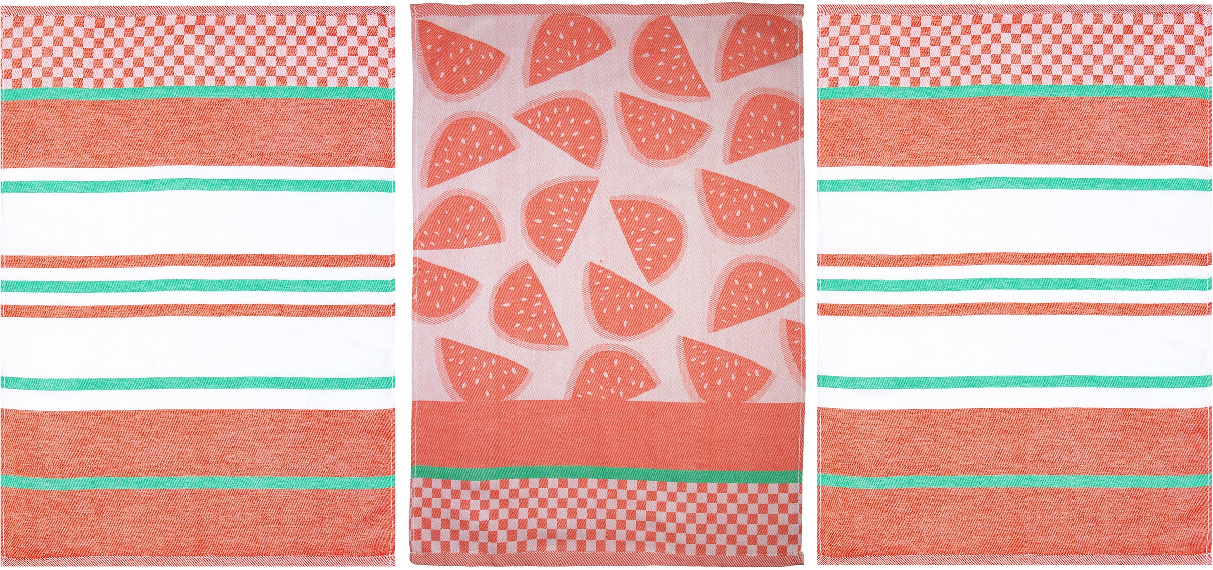 stuco Geschirrtuch »Summer Fruits Melone«, (Set, 3 tlg., 1x Geschirrtuch mit Früchte-Motiv, passend dazu 2 weitere Geschirrtücher in Streifenoptik), Jacquardgewebe