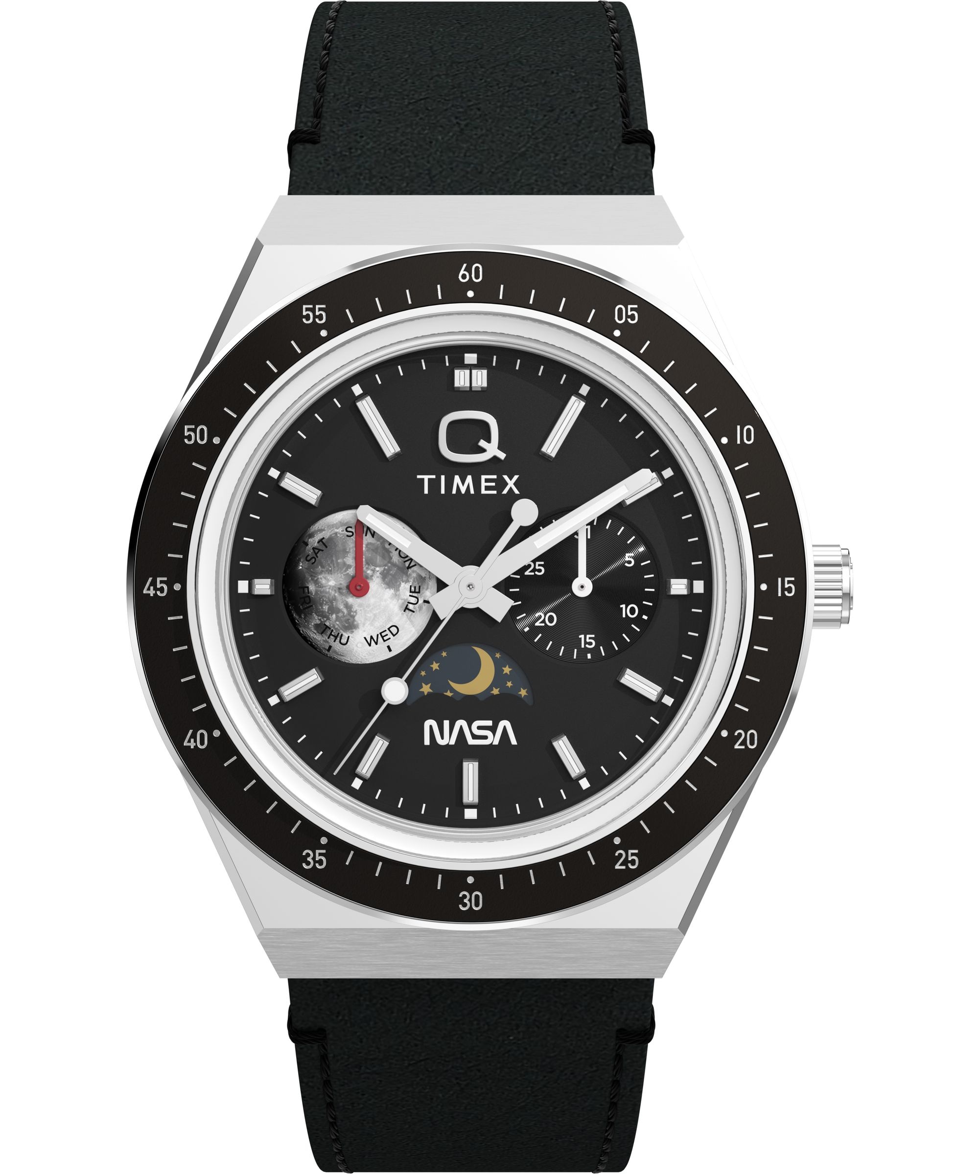 Timex Quarzuhr »Q Timex Vintage Inspired NASA« Armbanduhr, Herrenuhr, Lederarmband, analog, Wochentag, Tag, Mondphase