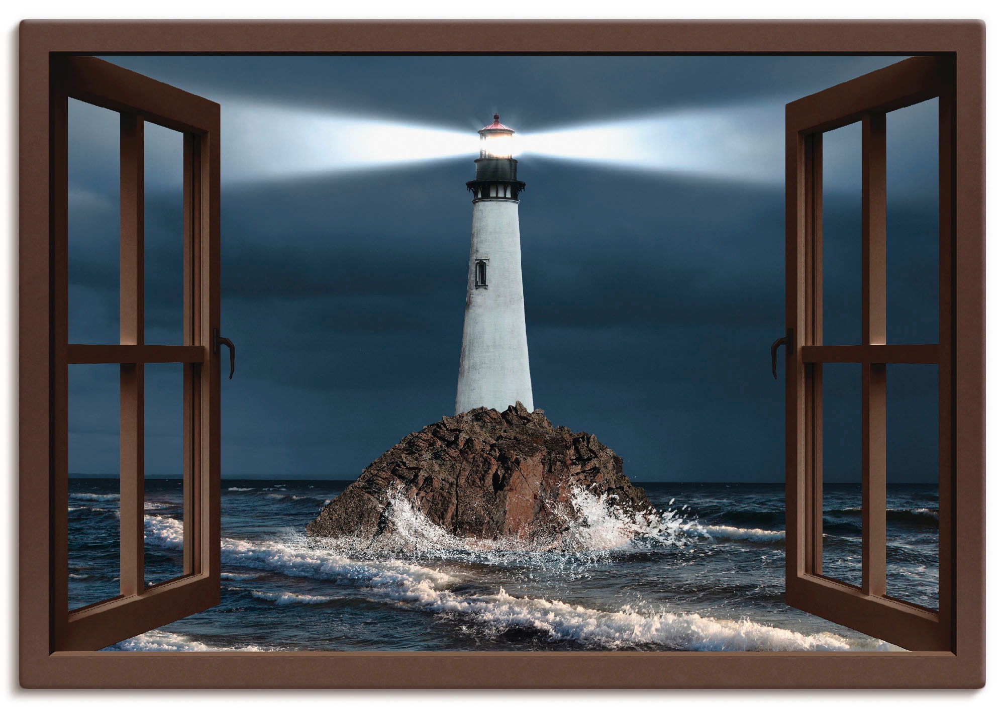 Artland Wandbild »Fensterblick Leuchtturm mit Lichtstrahl«, Gebäude, (1 St.), in vielen Größen & Produktarten - Alubild / Outdoorbild für den Außenbereich, Leinwandbild, Poster, Wandaufkleber / Wandtattoo auch für Badezimmer geeignet