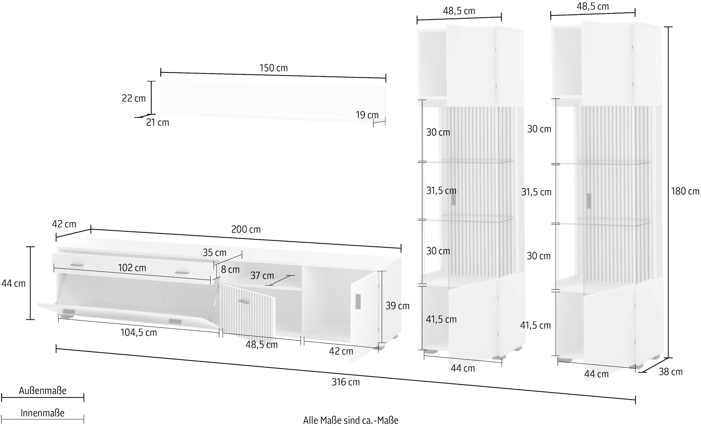 INOSIGN Wohnwand »HUDSON«, (Set, 4 St.), mit moderner Rillenoptik, Griffe aus Metall (Schwarz), Breite 316 cm