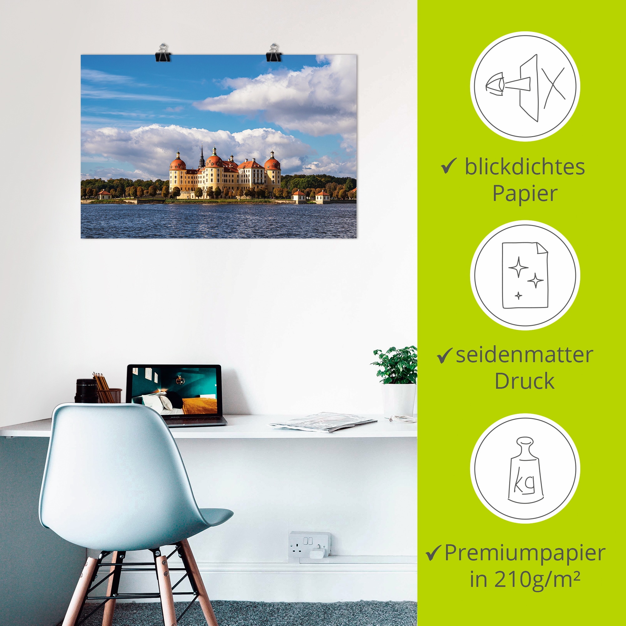 Artland Poster »Blick auf Schloss Moritzburg in Sachsen«, Gebäude, (1 St.), als Alubild, Leinwandbild, Wandaufkleber oder Poster in versch. Größen
