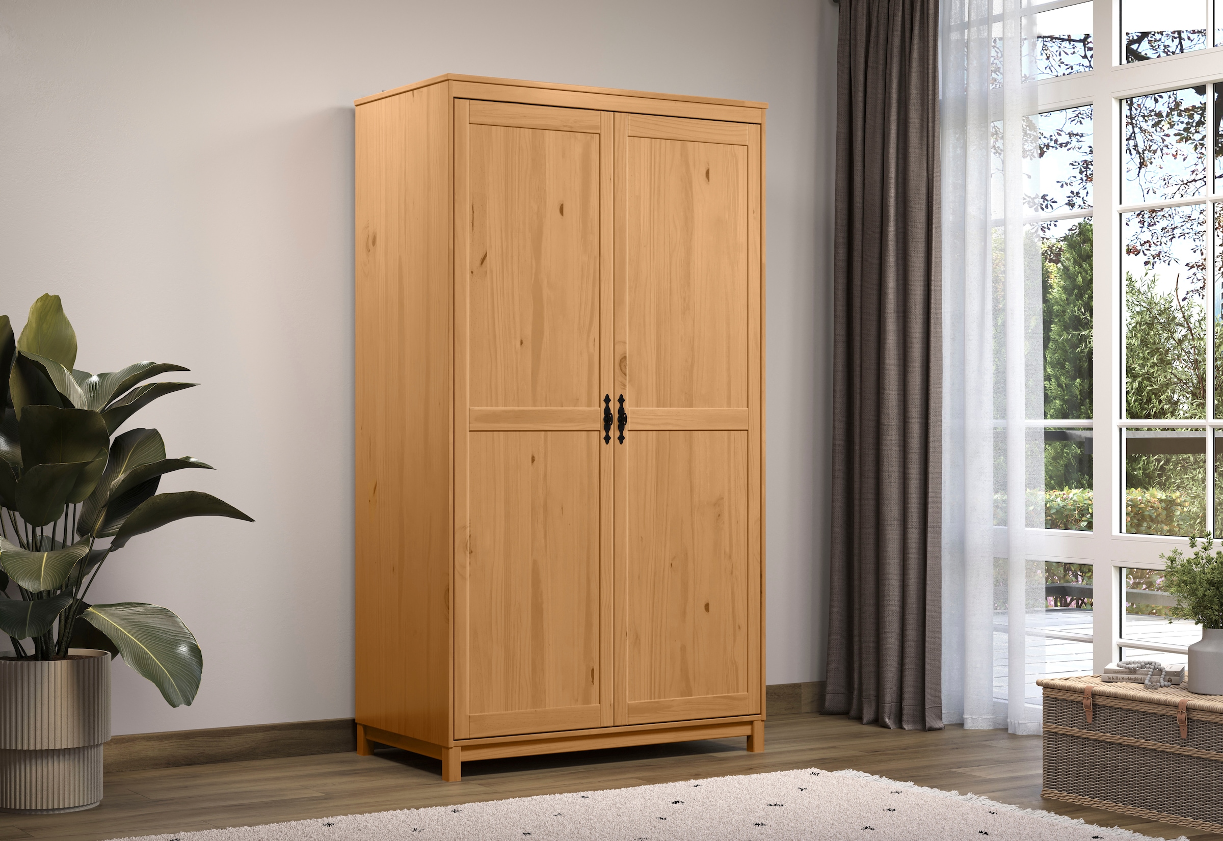 Home affaire Kleiderschrank »Sandnes Kieferschrank Schlafzimmer Schrank TOPSELLER weiß«, (1 St., natürlicher Landhaus-Look B/T/H = 108x60x194cm), Massivholz Schlafzimmerschrank mit besonderen Metallgriffen