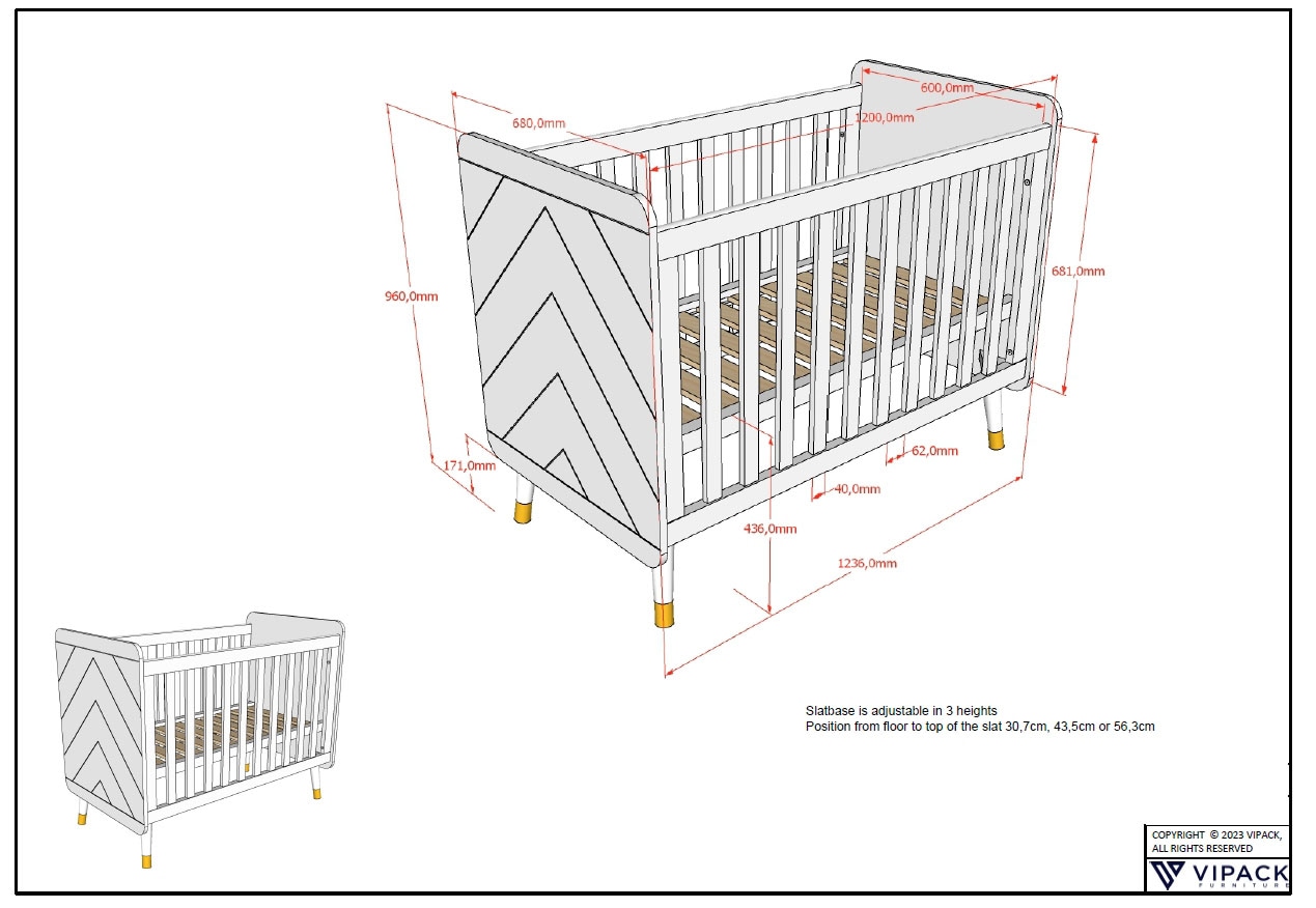 Vipack Kinderbett »Billy, Babybett 60/120 cm, 3-fach verstellbarer Lattenrost« B/H/T ca. 123,6x96x68cm, hochwertig verarbeitet, moderne Optik,  Ausf. MDF lackiert, wahlweise 3 Farben