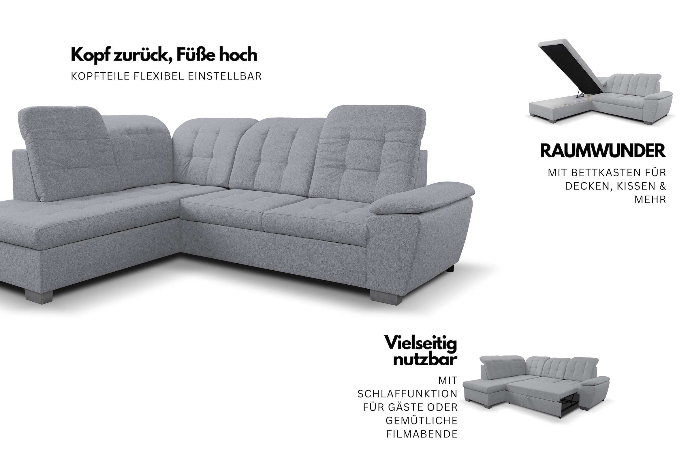 WERK2 Ecksofa »Bonny inkl. Kopfteilverstellung, Bettfunktion, Stauraum, Breite 265cm« Komfortwunder mit Schlaffunktion, verstellbarem Kopfteil & Stauraum.