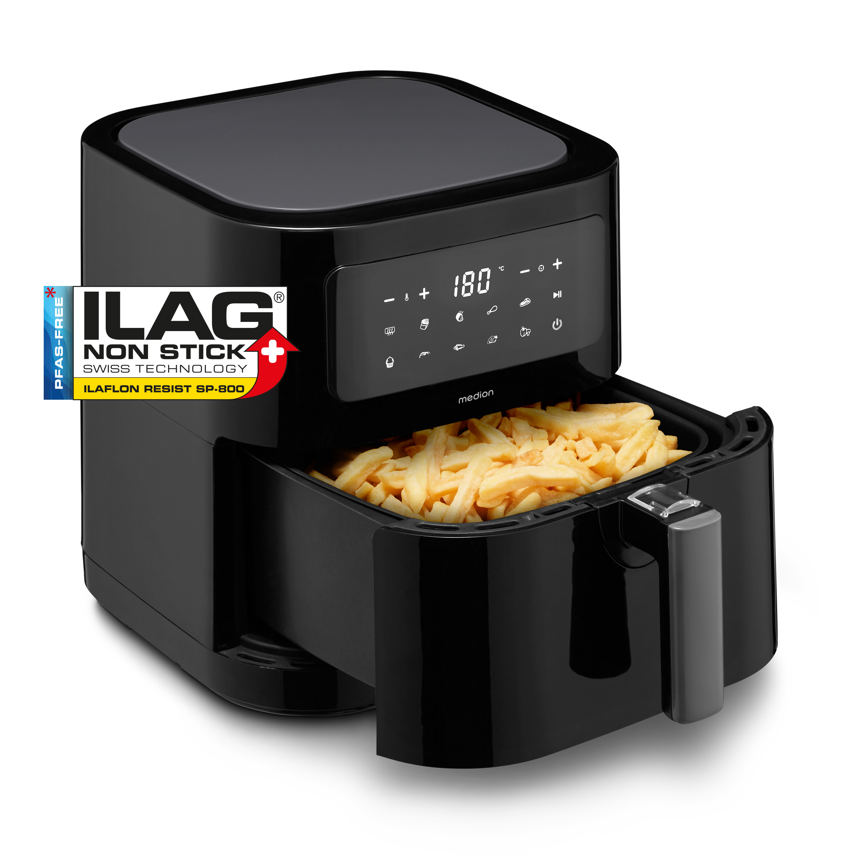 Medion Heißluftfritteuse »MD 11740 E40 XL« 2000 W digitales Bedienfeld, 9 Automatikprogramme in schwarz-weiß