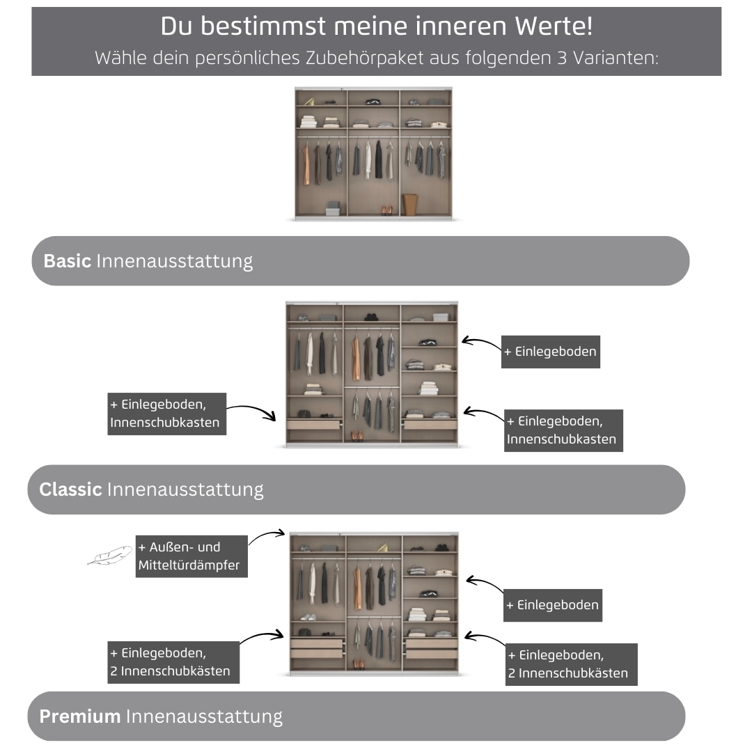 rauch Kleiderschrank »Schwebetürenschrank Garderobe Schrank TOP ANGEBOT Avola«, (in 3 verschiedenen Ausstattungen BASIC/CLASSIC/PREMIUM inkl. Spiegel), mit eleganten Zierleisten in Chrom, Schwarz oder Weiß MADE IN GERMANY