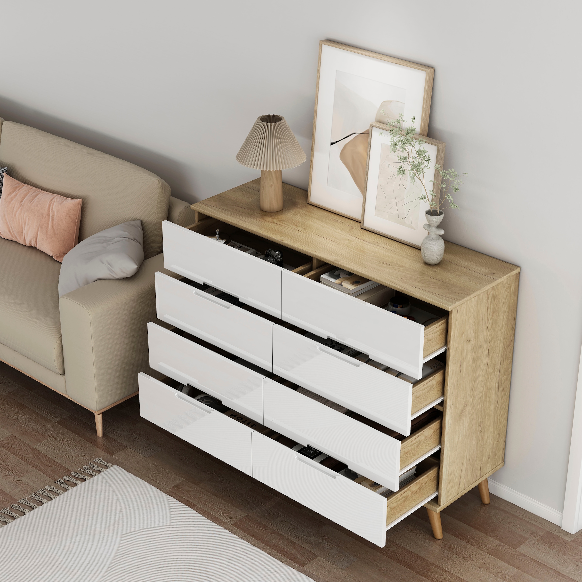 OTTO home Kommode »Lund« mit glänzenden Fronten, Griffmulden, helles Holzdekor, Breite 120 cm