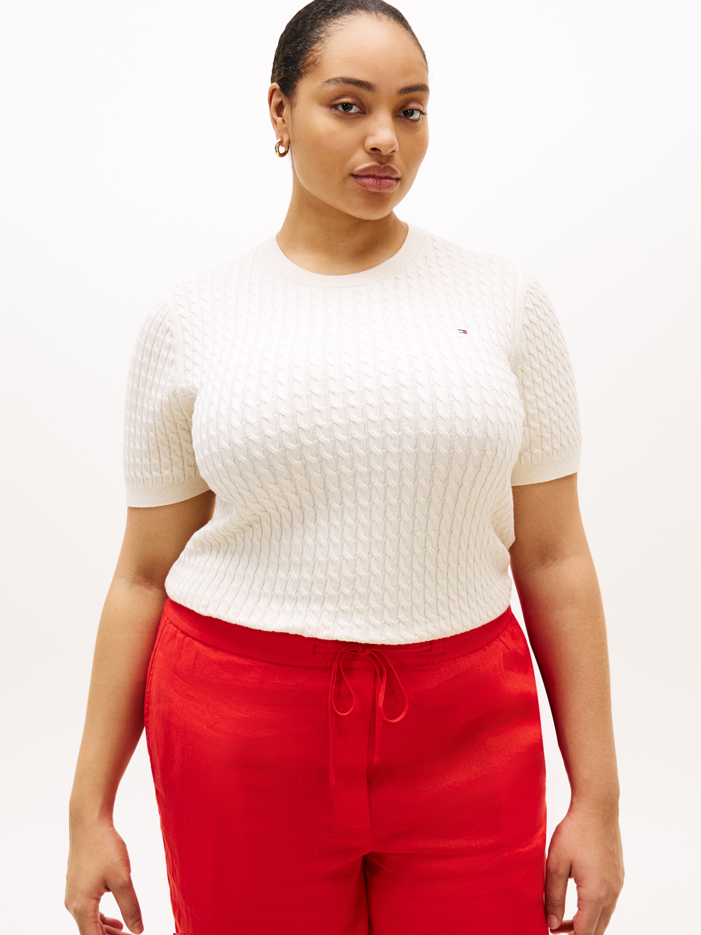 Tommy Hilfiger Curve Rundhalspullover »CRV CO CABLE FINE GG CNK S/S SWT« in großen Größen, mit Zopfmuster