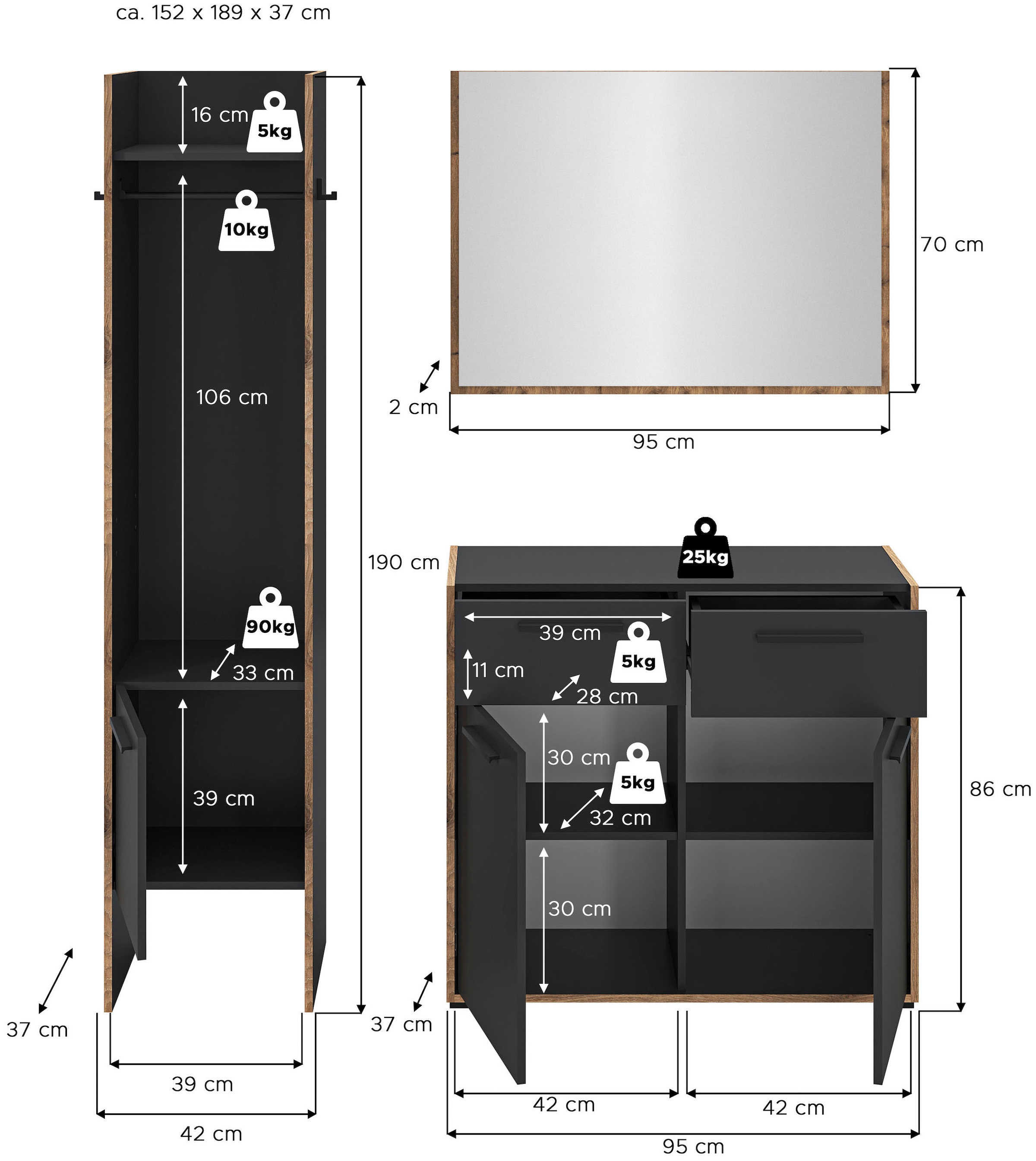 INOSIGN Garderoben-Set »MUSTA, 3-teilig: Garderobenschrank, Kommode & Garderobenspiegel«