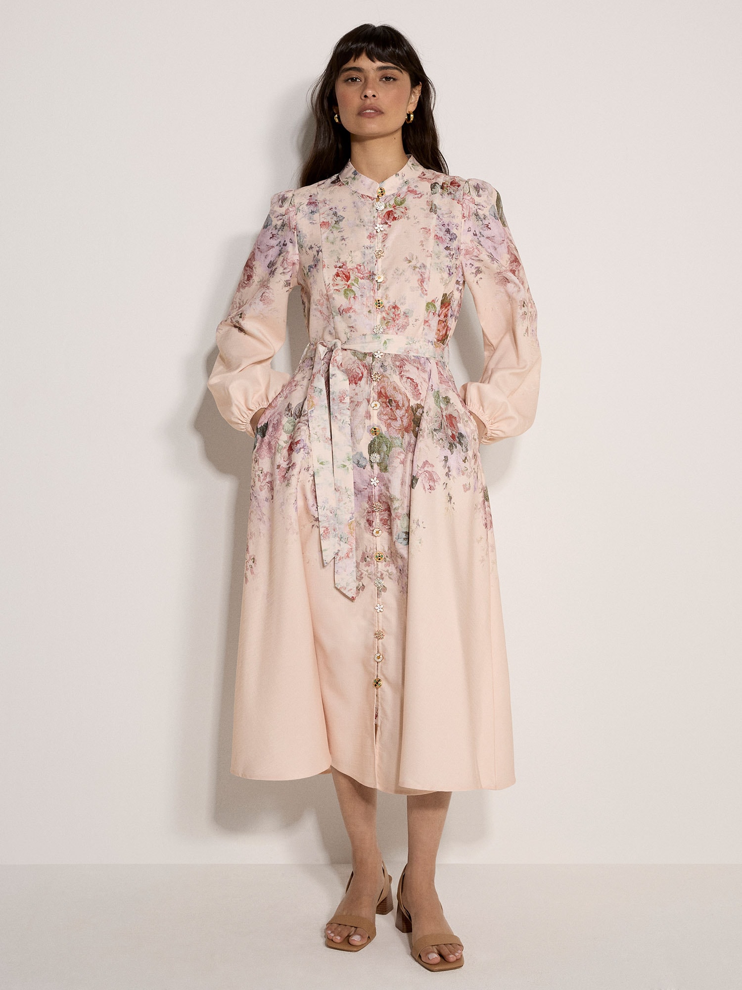 Apricot Midikleid »Midikleid« mit Vintage-Blumenmuster und Zierknöpfen