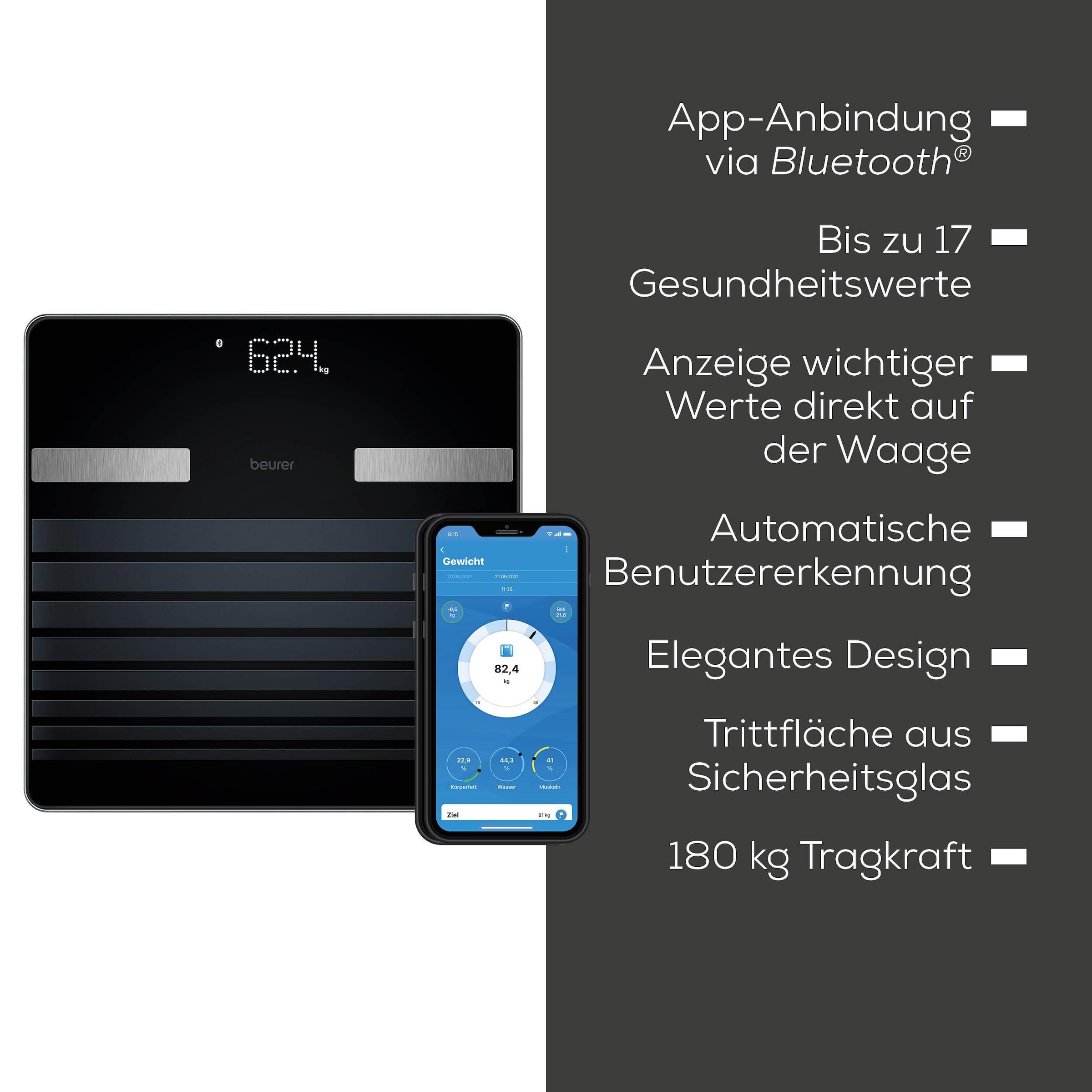BEURER Körper-Analyse-Waage »BF 451 BT Diagnosewaage mit 17 Gesundheitswerten« Mit Einschaltautomatik, praktischer Abschaltfunktion und Magic-LED