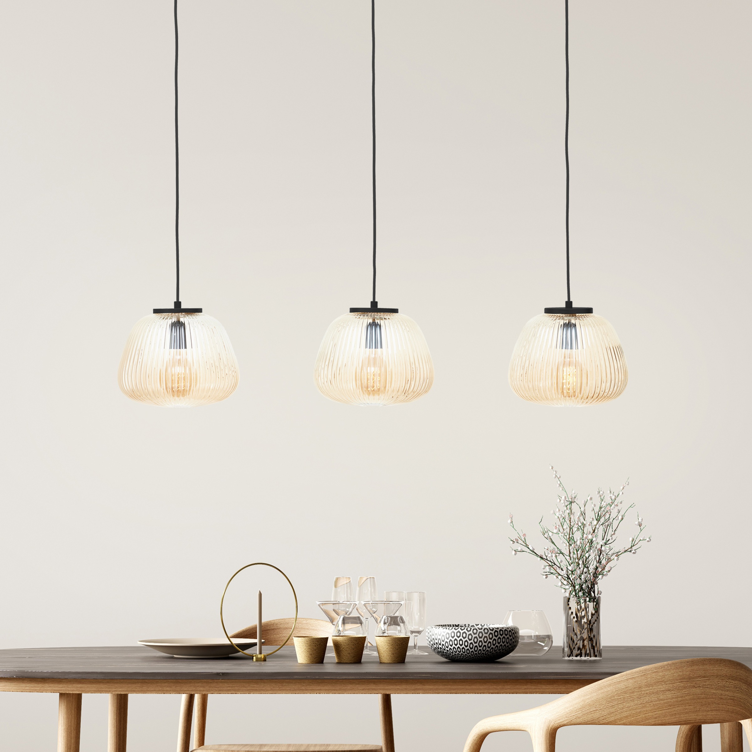 Brilliant Pendelleuchte »Kaizen«, 3 flammig, Leuchtmittel E27 | ohne Leuchtmittel, Riffelglas, 176 x 105 cm, E27, kürzbar, Amber-Bernsteinfarben