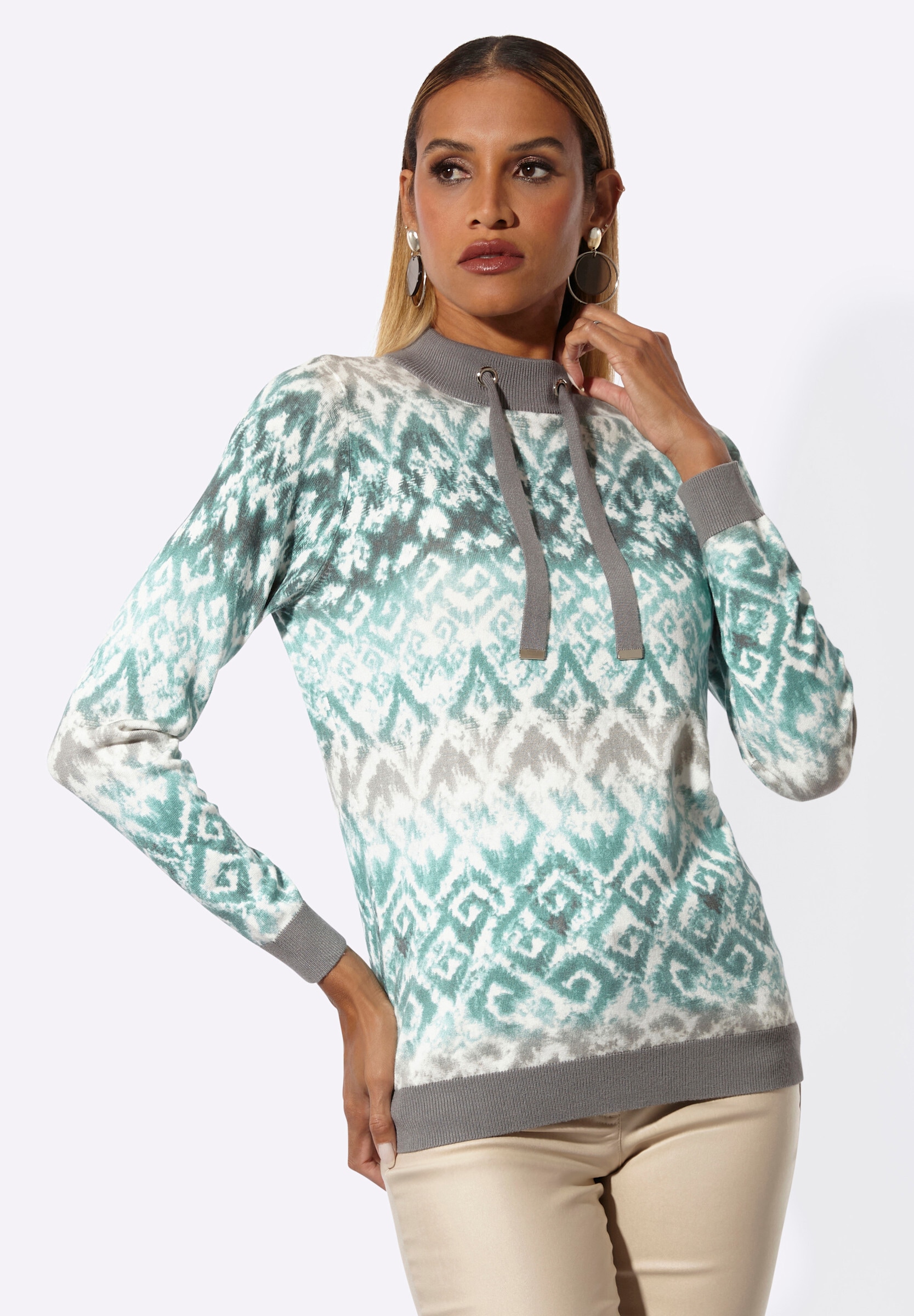 creation L Strickpullover »Druck-Pullover Stehkragenpullover mit Bindebändern«