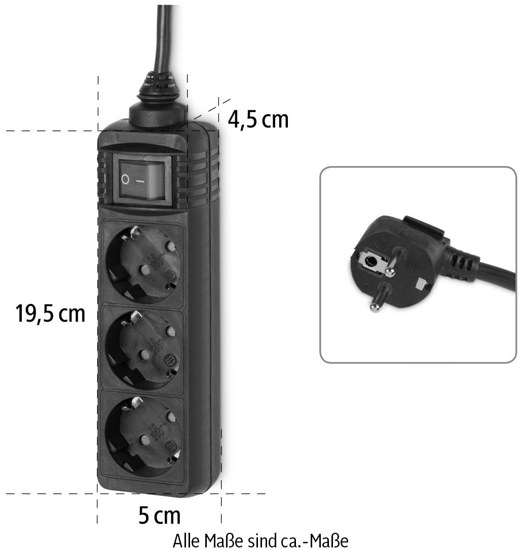 Hama Steckdosenleiste »Steckdosenverteiler, 3-fach, mit Schalter, 5 m, Schwarz«, 3-fach, (Kabellänge 5 m)