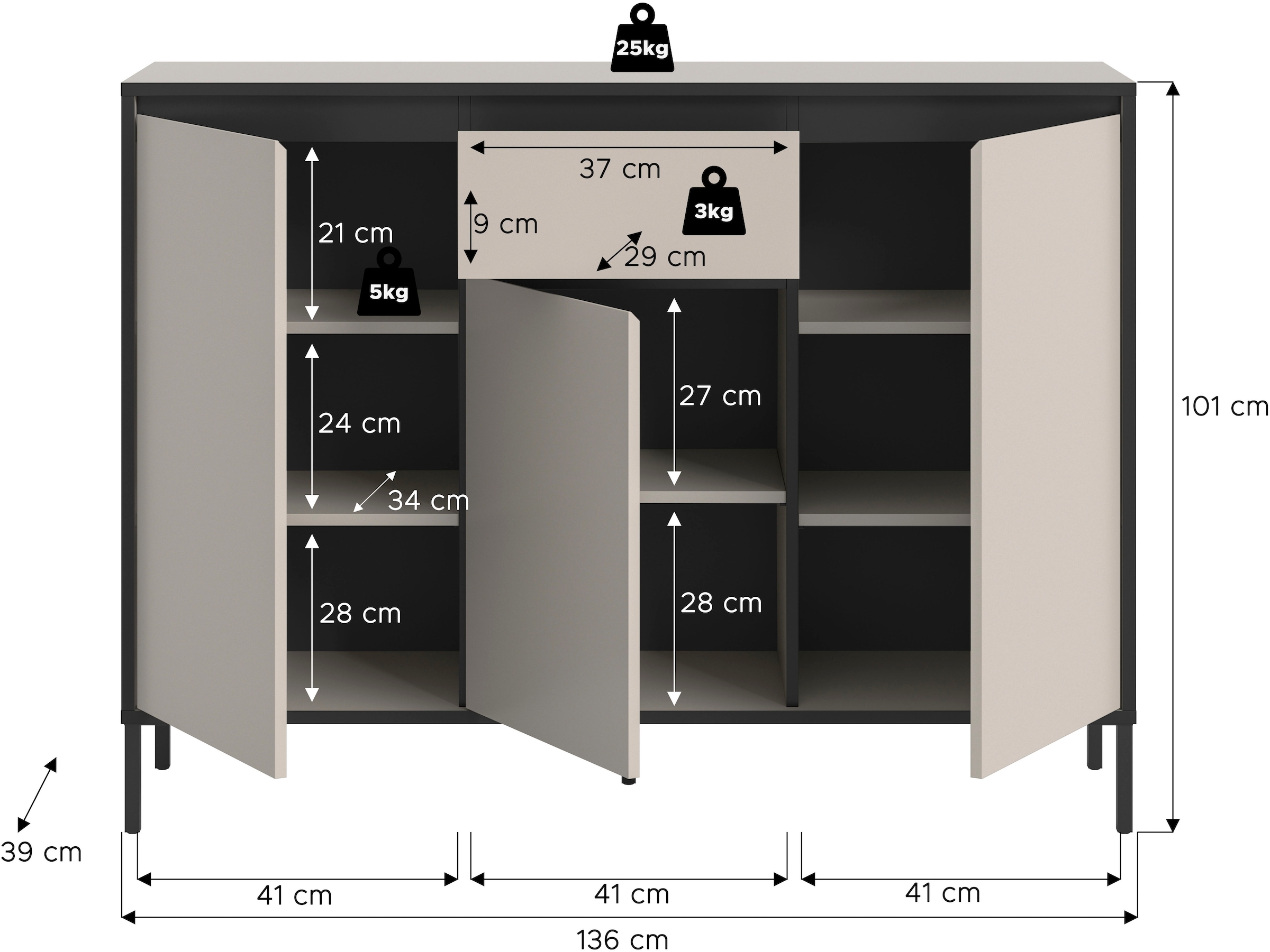 INOSIGN Sideboard »NORT, Höhe: 101cm, mit Metall Stabfuß, 3 Türen, 1 Schubkasten« Anrichte, Kommode, Schrank, Board, Higboard