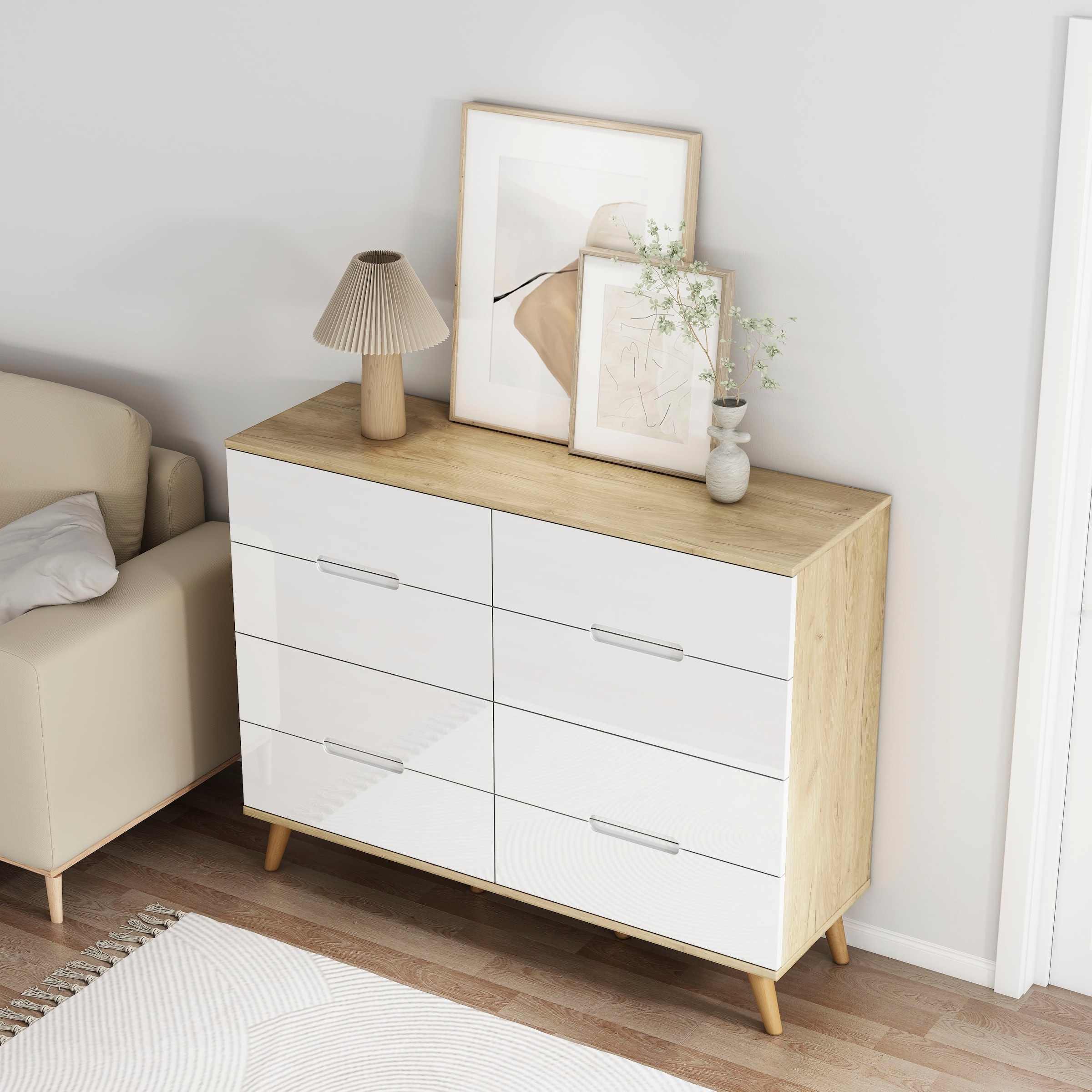 OTTO home Kommode »Lund« mit glänzenden Fronten, Griffmulden, helles Holzdekor, Breite 120 cm