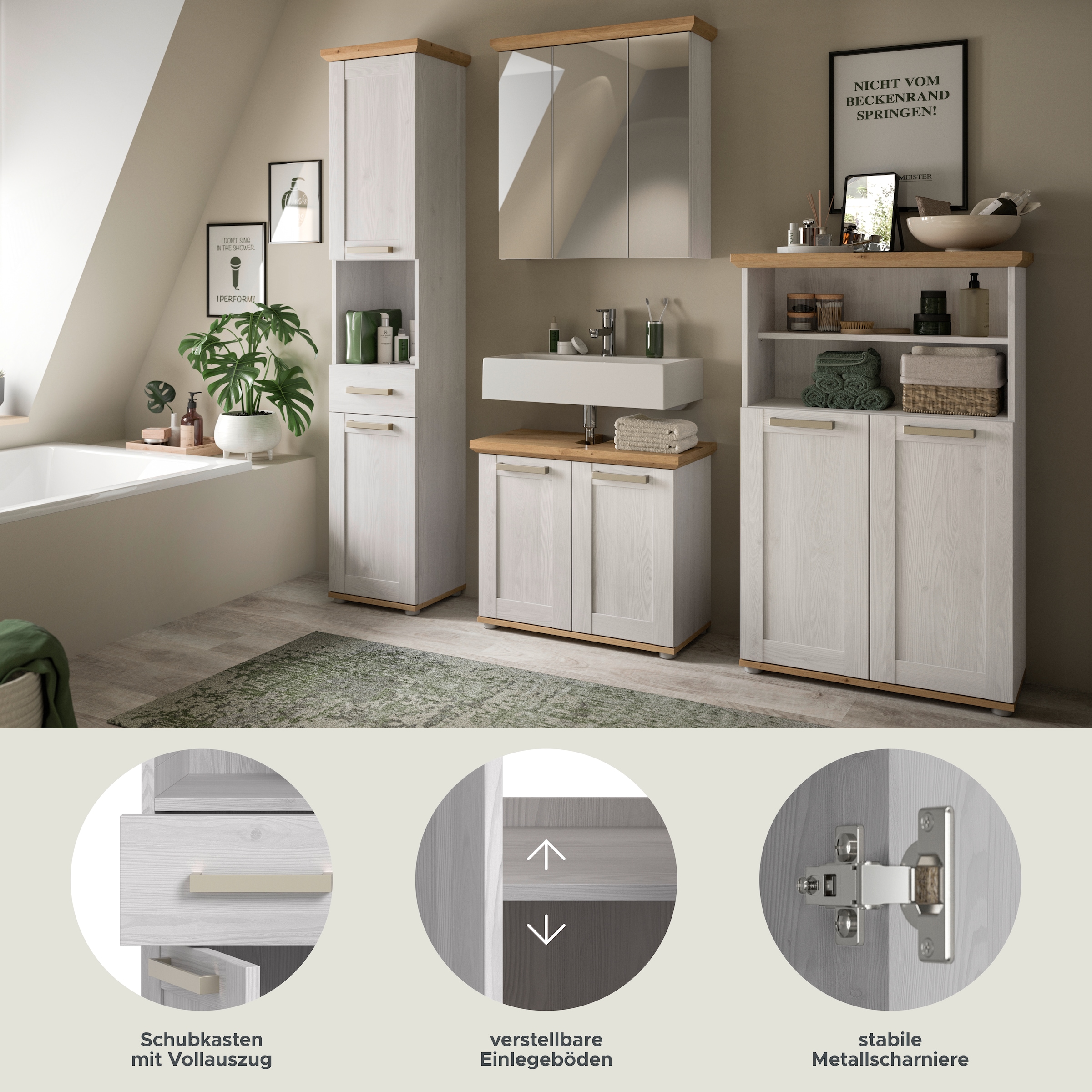 welltime Badmöbel-Set »COSENZA, 4-teilig, in Landhausoptik, mit farblich abgesetztem Kranz« best. aus: 1 Hochschrank, 1 Spiegelschrank, 1 WBU und 1 Midischrank, 4 Stk. tlg.