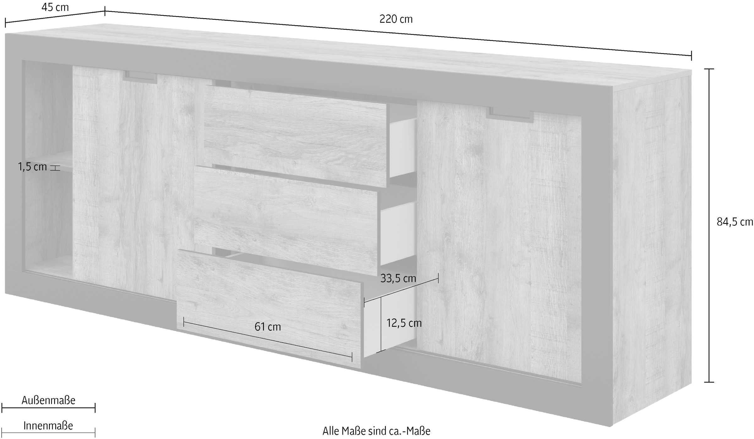INOSIGN Sideboard »Tudor, Breite 220 cm Aufbewahrungsschrank 2 Schiebetüren/3 Schubkästen«, Anrichte, Kommode Landhausstil viel Stauraum, Einlegeböden verstellbar