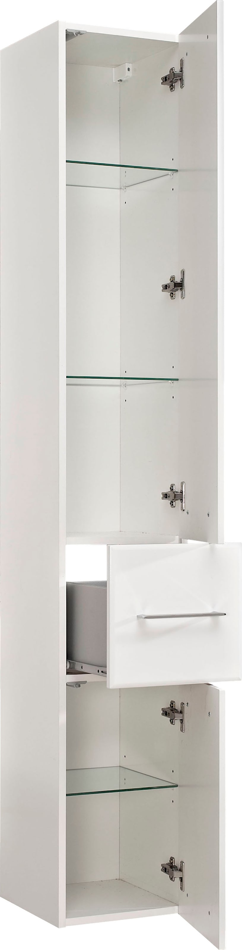 Saphir Hochschrank »Quickset 376 Badschrank 30 cm breit, 2 Türen, 1 Schublade«, Badezimmer-Hochschrank, Weiß Hochglanz, Griffe in Chrom glänzend