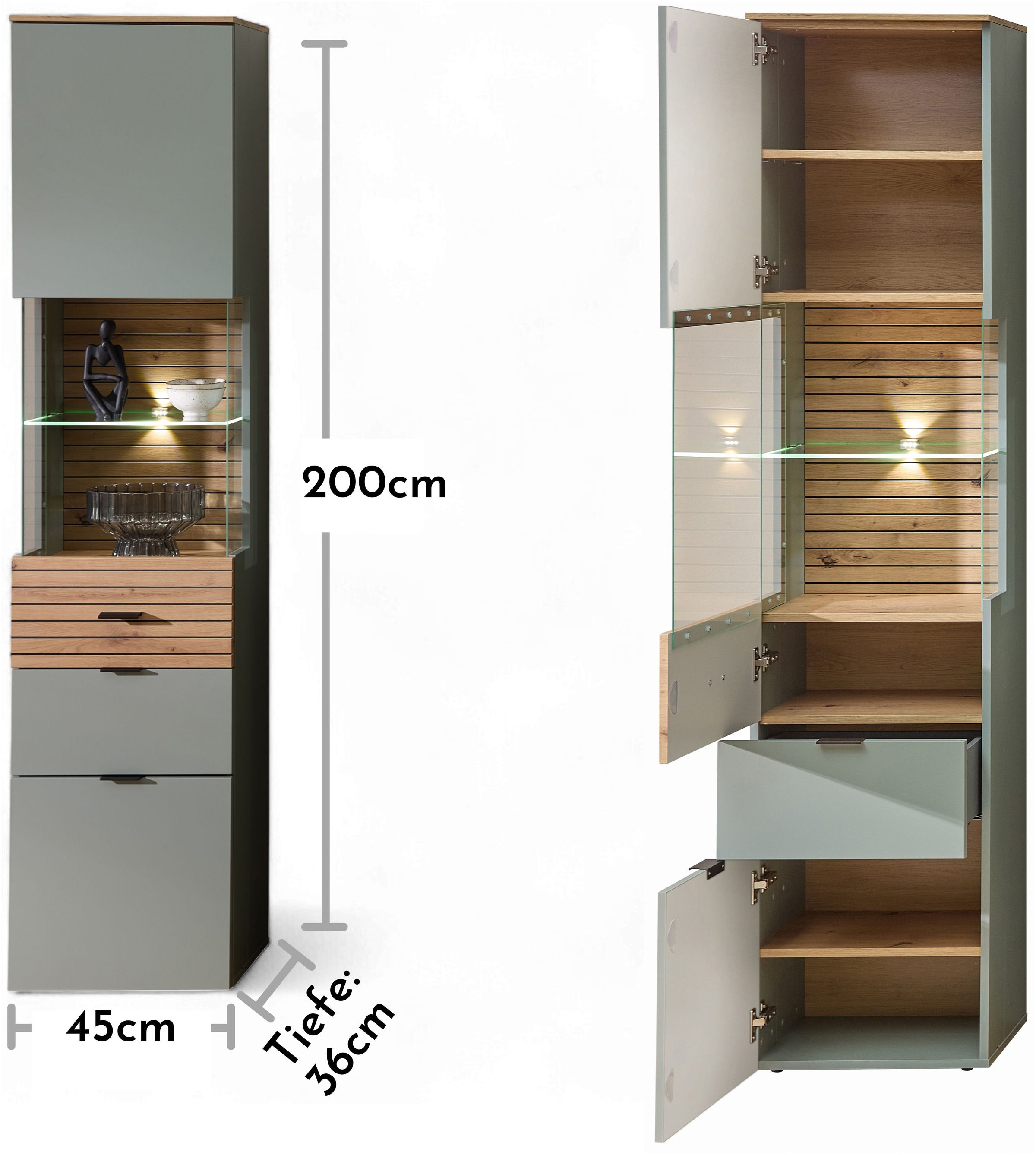 Innostyle Vitrine »INA Vitrine, 45 x 200 x 36 cm (B/H/T)« 1 Stk. tlg. L/R verwendbar, inkl. Beleuchtung, Softclose