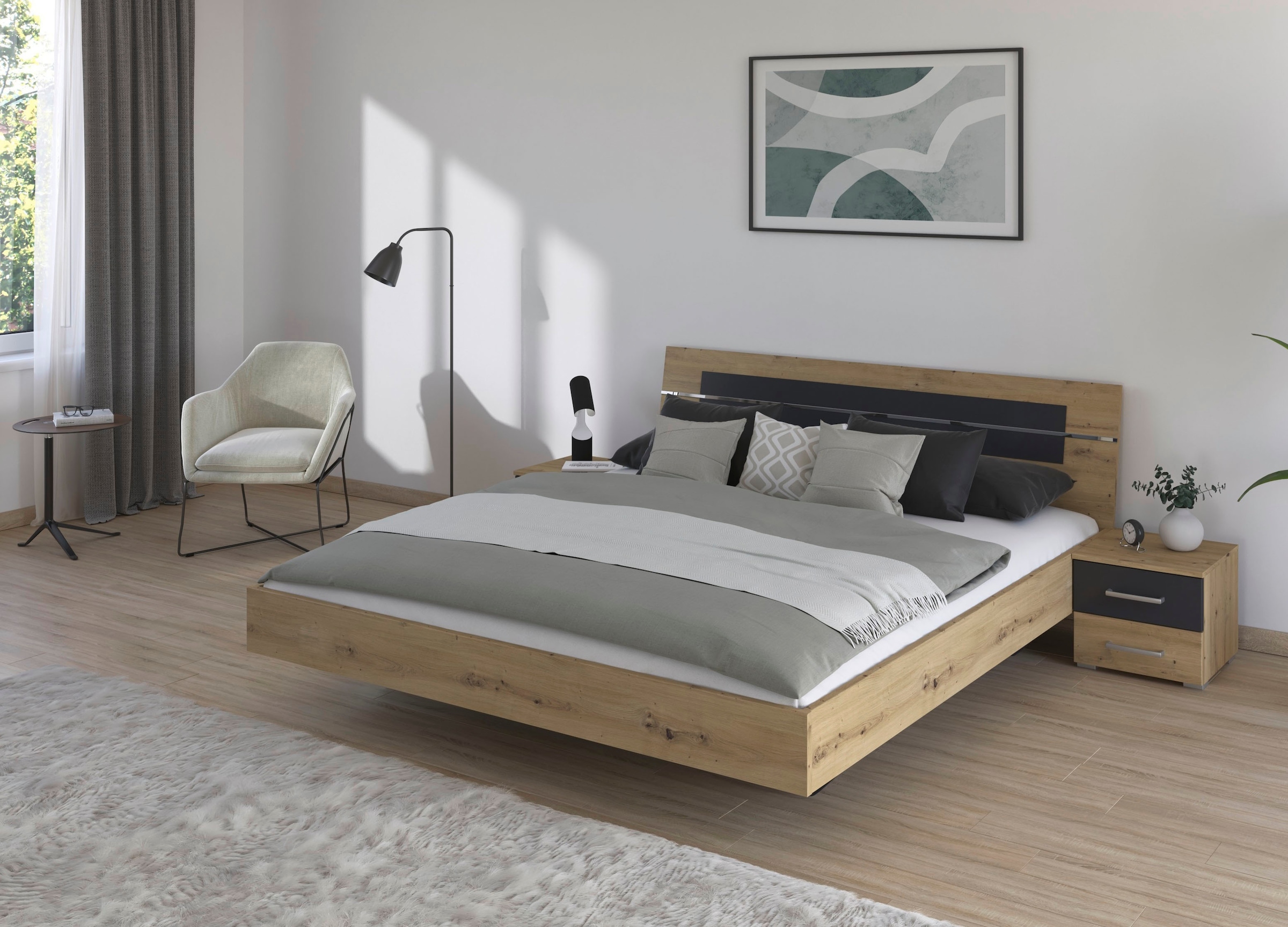 rauch Bettanlage »Doppelbett Futonbett BURANO in schwebender Optik«, (Set, 3 tlg.), und abgesetztem Kopfteil mit 2 Nachttischen MADE IN GERMANY