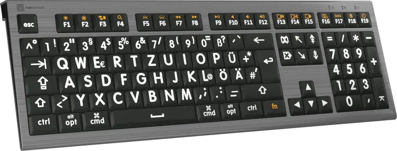 Logickeyboard Tastatur »XL-Print Astra 2 White on Black DE (MAC)«, (Multimedia-Tasten-USB-Hub-Ziffernblock)