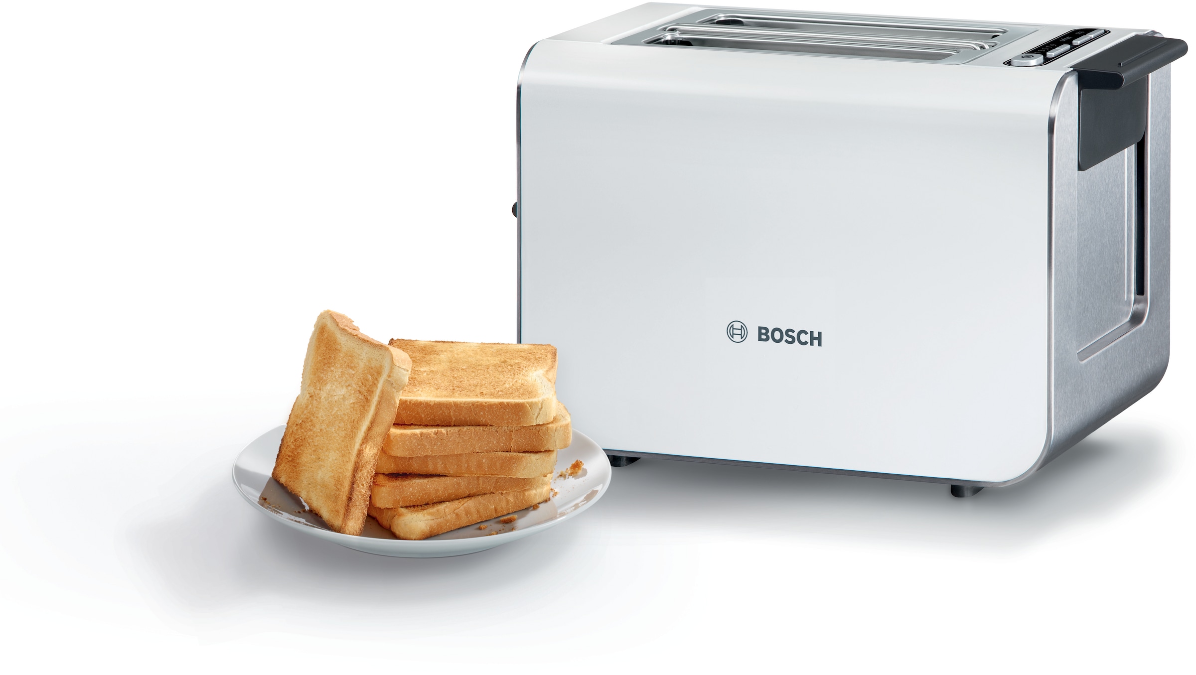 BOSCH Toaster »Styline TAT8611N, integrierter Brötchenaufsatz, Liftfunktion,«, 860 W, Auftaufunktion, Abschaltautomatik, Brotzentrierung, Edelstahl/weiß