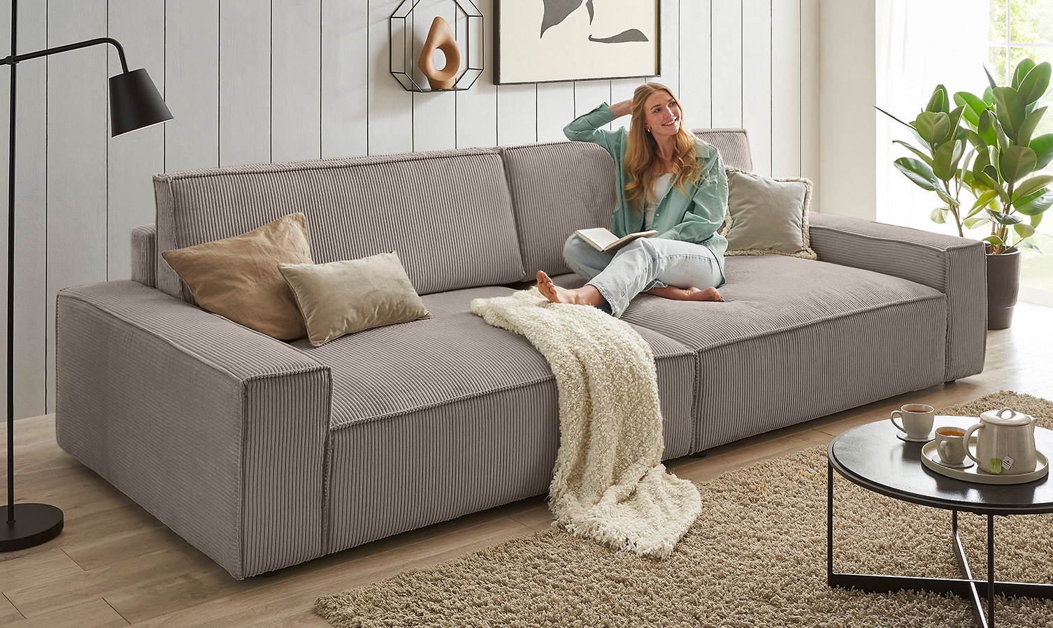 Home affaire Big-Sofa »NEU: SHERWOOD XXL, Big-Sofa (316cm), extra tiefe Sitzfläche 95 cm«, bequemer Sitzkomfort, Cord u. Leinenoptik, Kedernaht