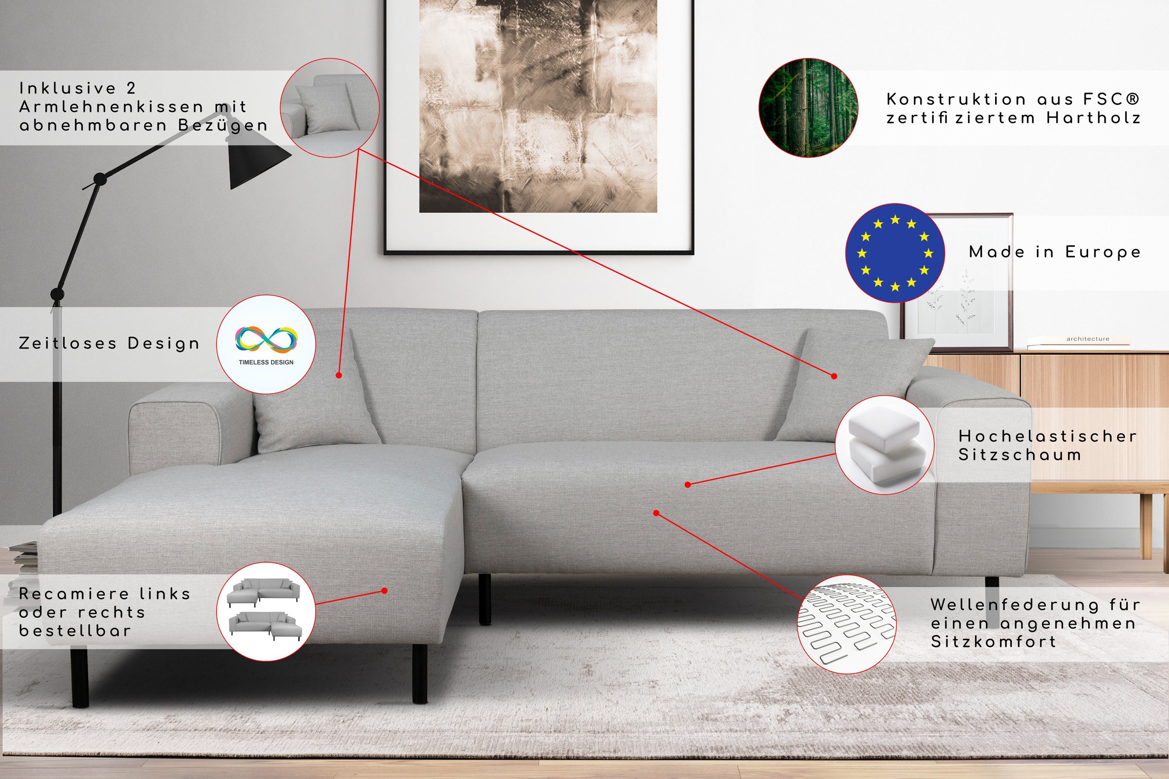 Home affaire Ecksofa »ARROS L-Form mit Wellenunterfederung, Maße B/T/H: 235/163/81 cm« incl. Zierkissen, mit Recamiere rechts/links bestellbar, auch in Cord