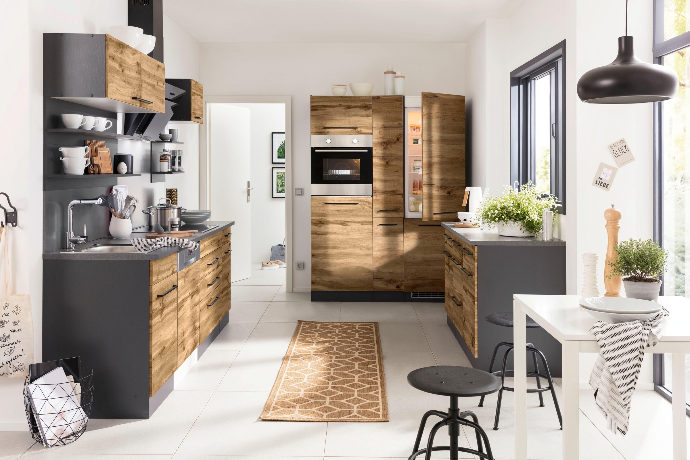 KOCHSTATION Küchenzeile »KS-Tulsa« ohne E-Geräte, Breite 380 cm, schwarze Metallgriffe, MDF Fronten