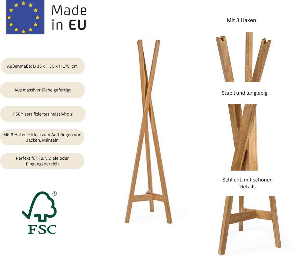 andas Garderobenständer, im skandinavian Design, aus Eiche massiver Eiche