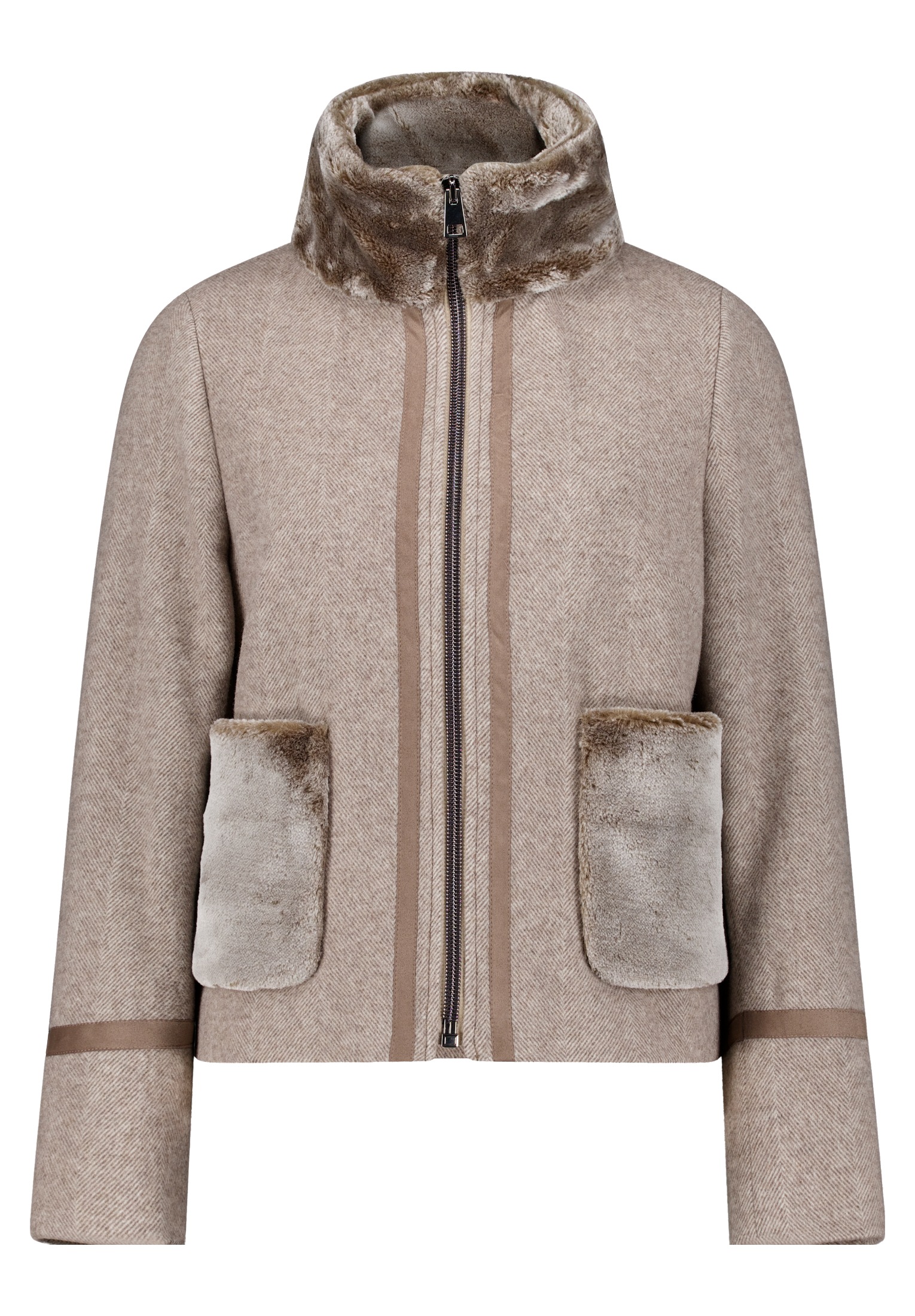 Gil Bret Fellimitatjacke ohne Kapuze mit Reißverschluss und aufgesetzten Fell-Taschen /mit Wolle