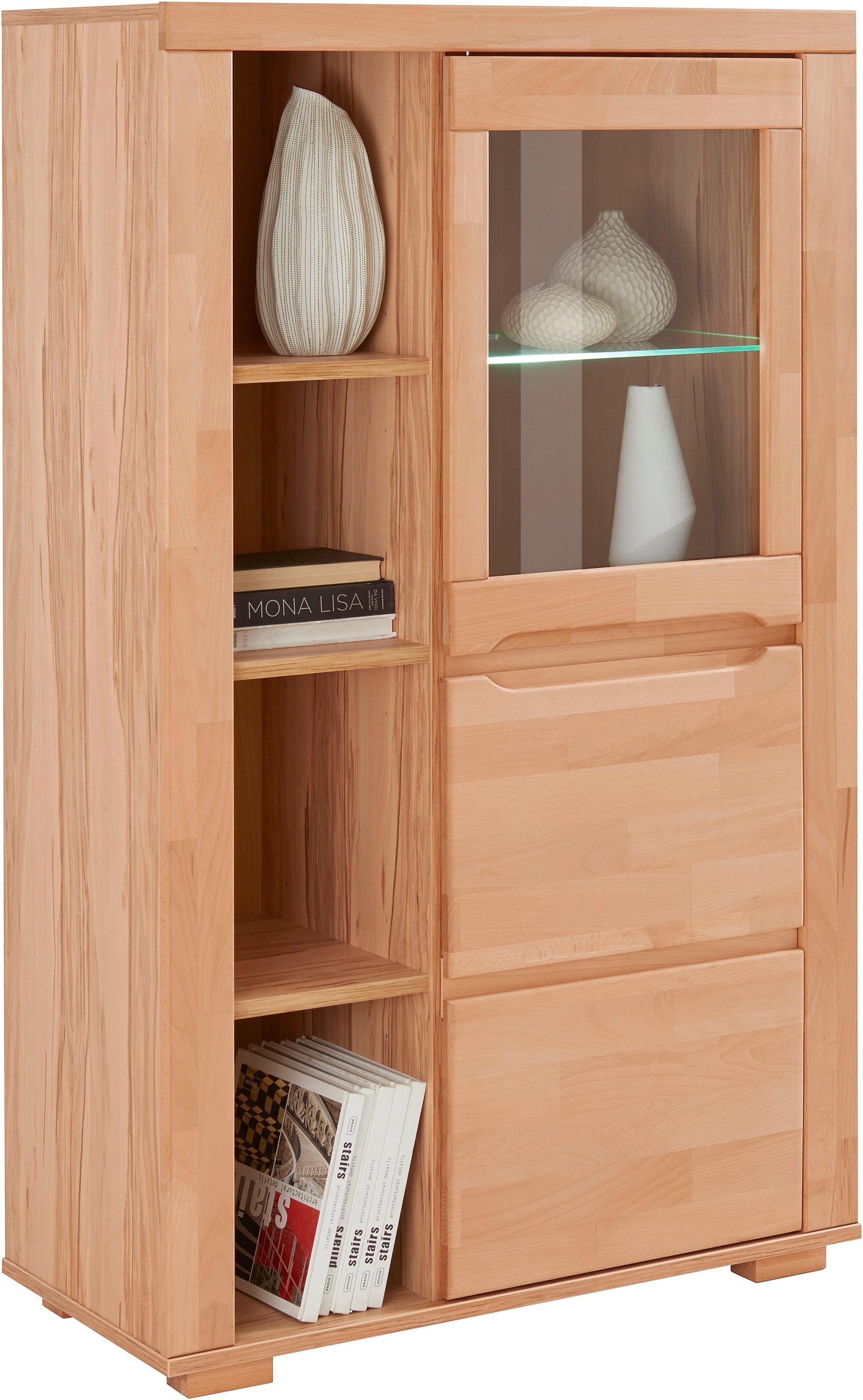Home affaire Vitrine »DENIS80,B/T/H:90/40/145cm, Front massivhozl, geölt, Stauraumvitrine« 1 Tür mit Glaseinsatz, Einlegeboden versetzbar, 4 offene Fächer