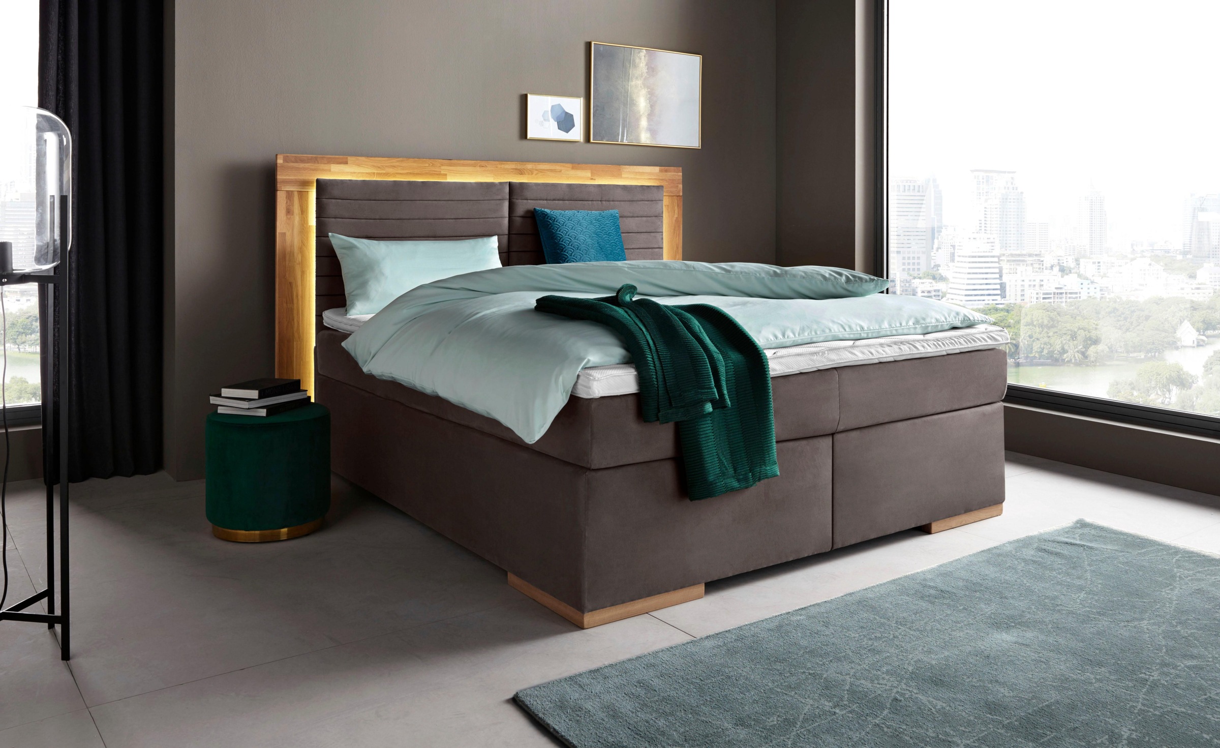 Home affaire Boxspringbett »Cup« mit LED-Beleuchtung, Massivholzrahmen und Topper, in 2 Härtegraden