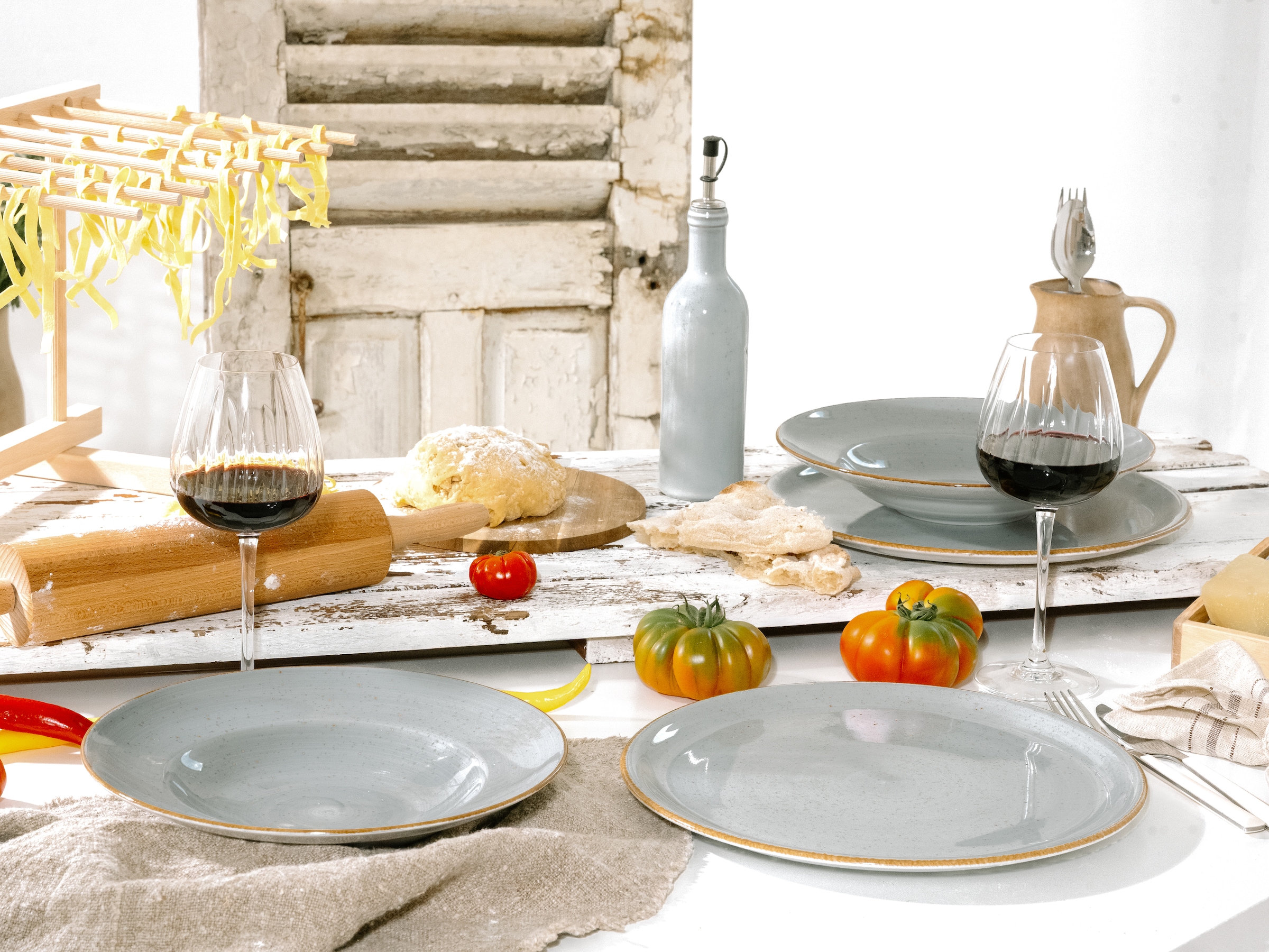 CreaTable Pizzateller »Vintage Nature, Pizzateller 33 cm 4-tlg« Handgemalt, Gesprenkelt, Rustikales Außenband